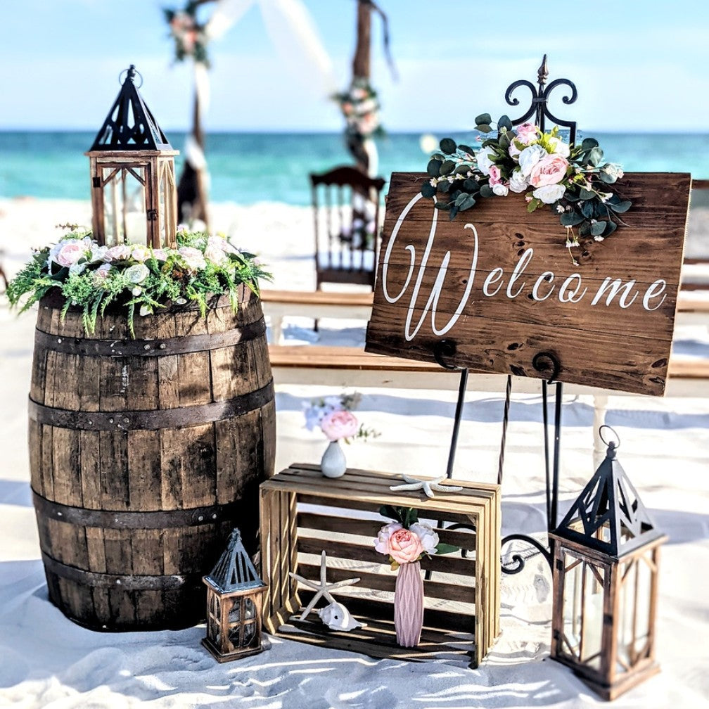 large custom statement piece for wedding aisle marker entry decor. Beach wedding entry aisle marker rentals and welcome sign.
