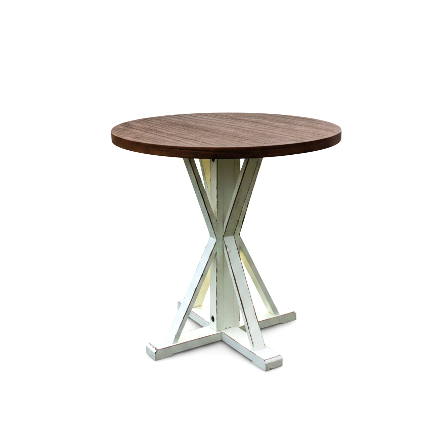 Round wooden table with a wood farmhouse base on a white background