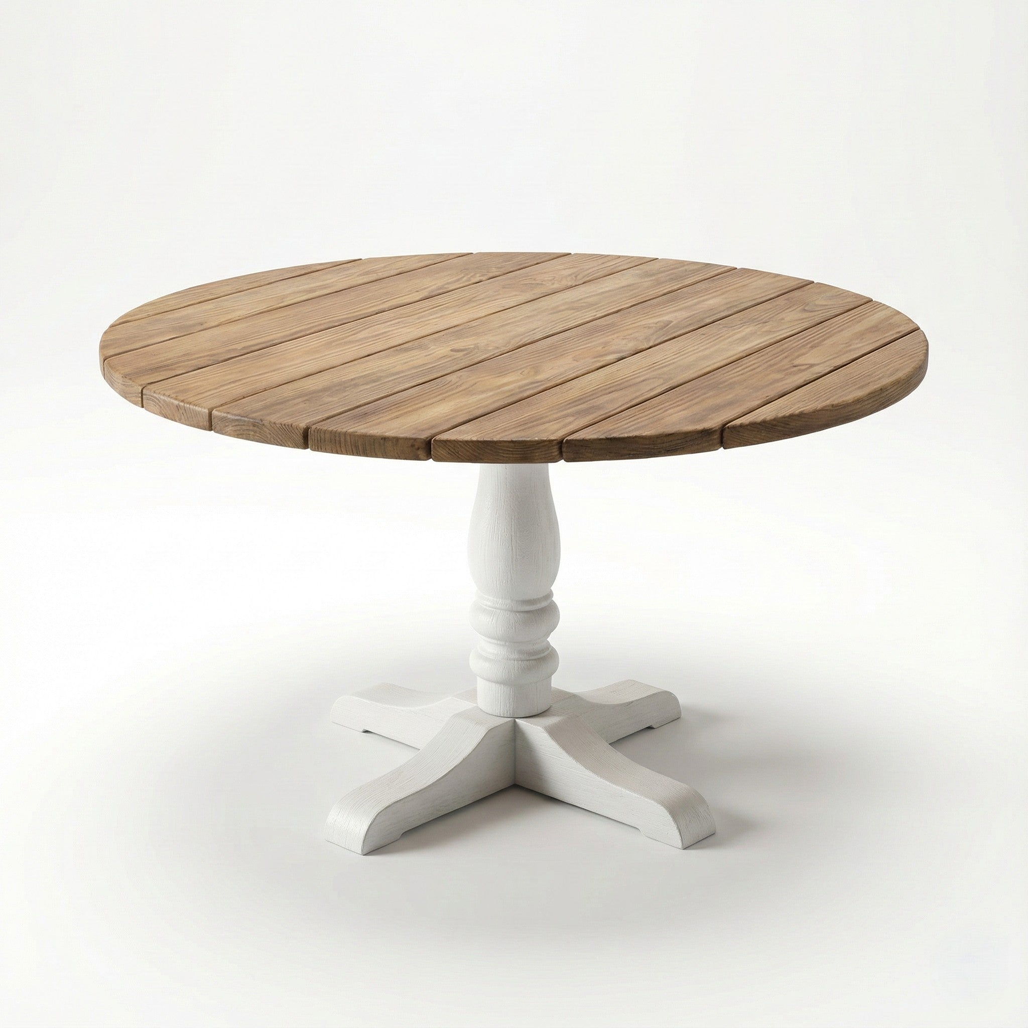 Round wooden table with a white pedestal base on a white background