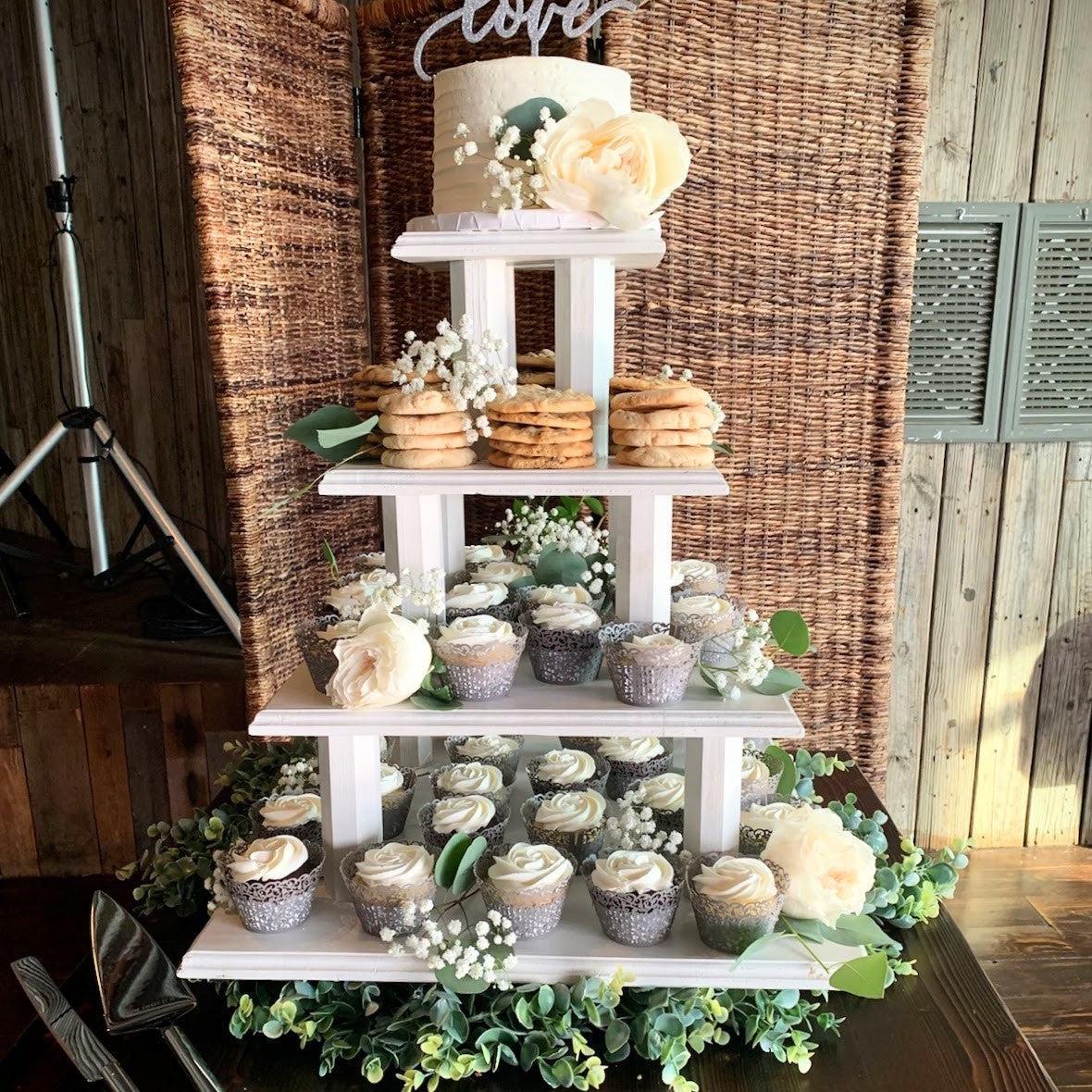White 4-tier square dessert and cupcake stand in Panama City Beach