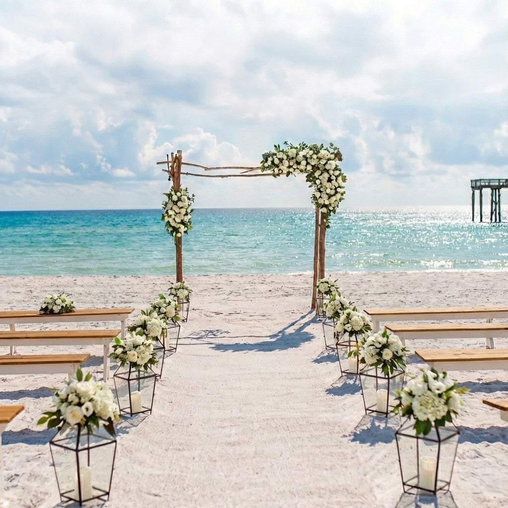 Beach wedding setup with floral arches and tables under a blue sky.