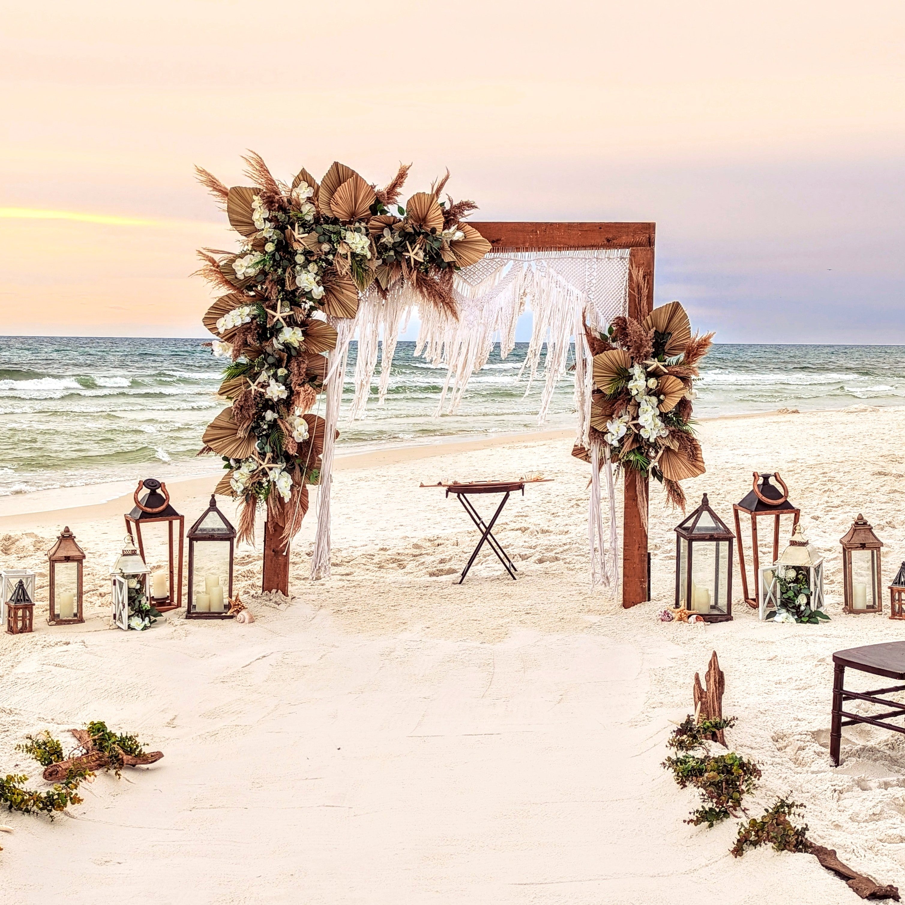 Boho Macrame Wedding arbor with wood arch included for rent in Panama City Beach FL