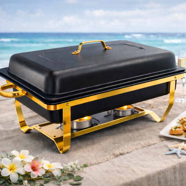 Black & Gold Chaffing Dish food warmer rental for weddings parties and events