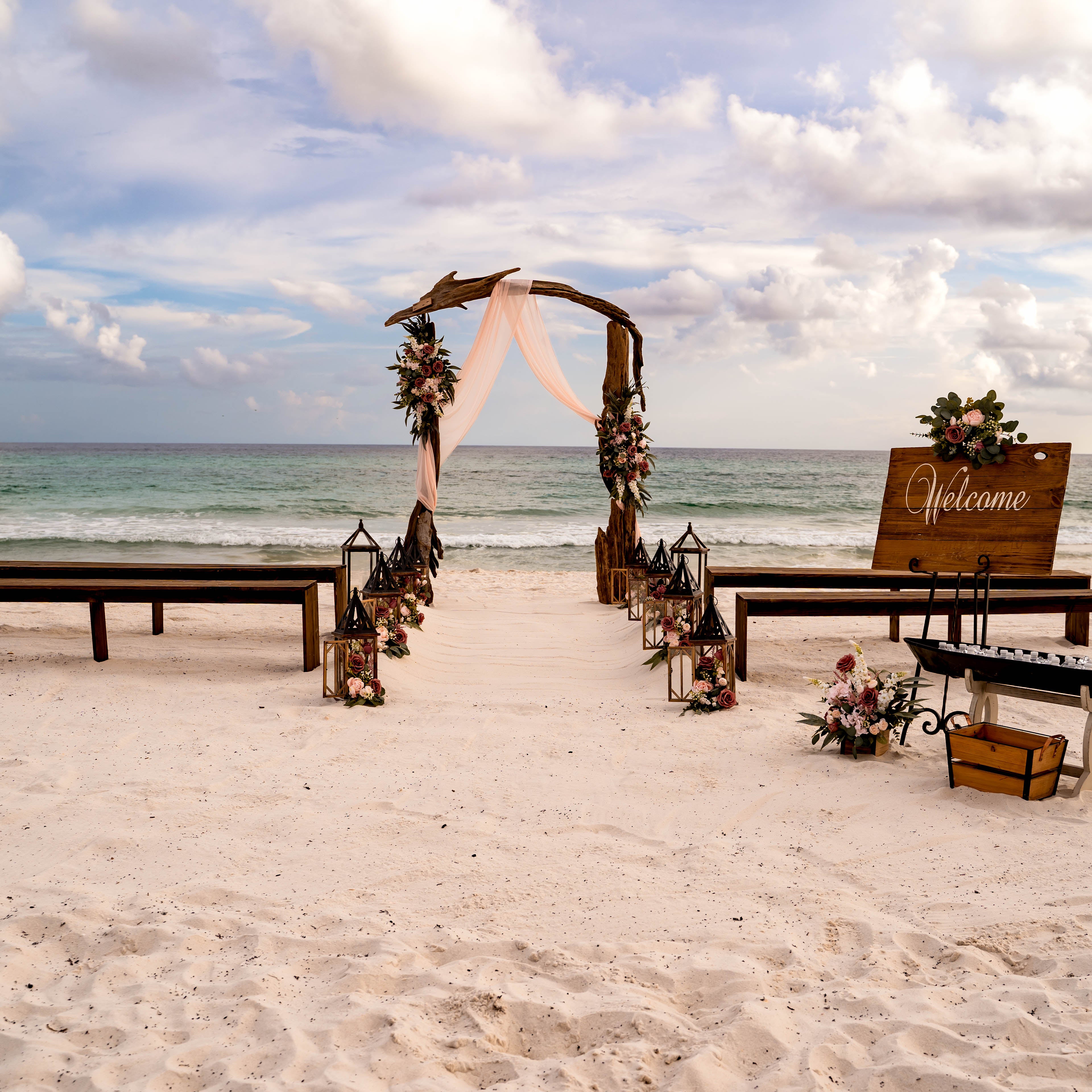 brown wood bench rentals for weddings in Panama City Beach Florida