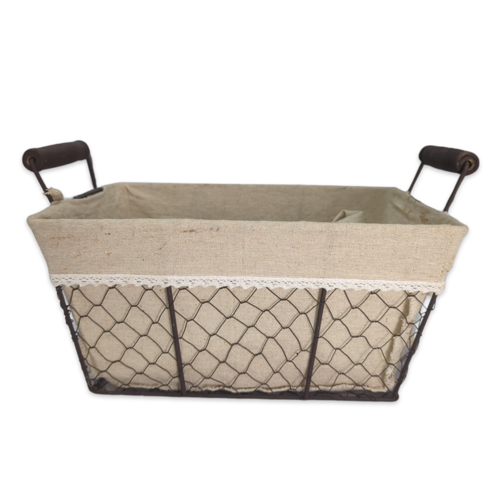 chicken wire basket with wooden handles and linen lining for decor or event