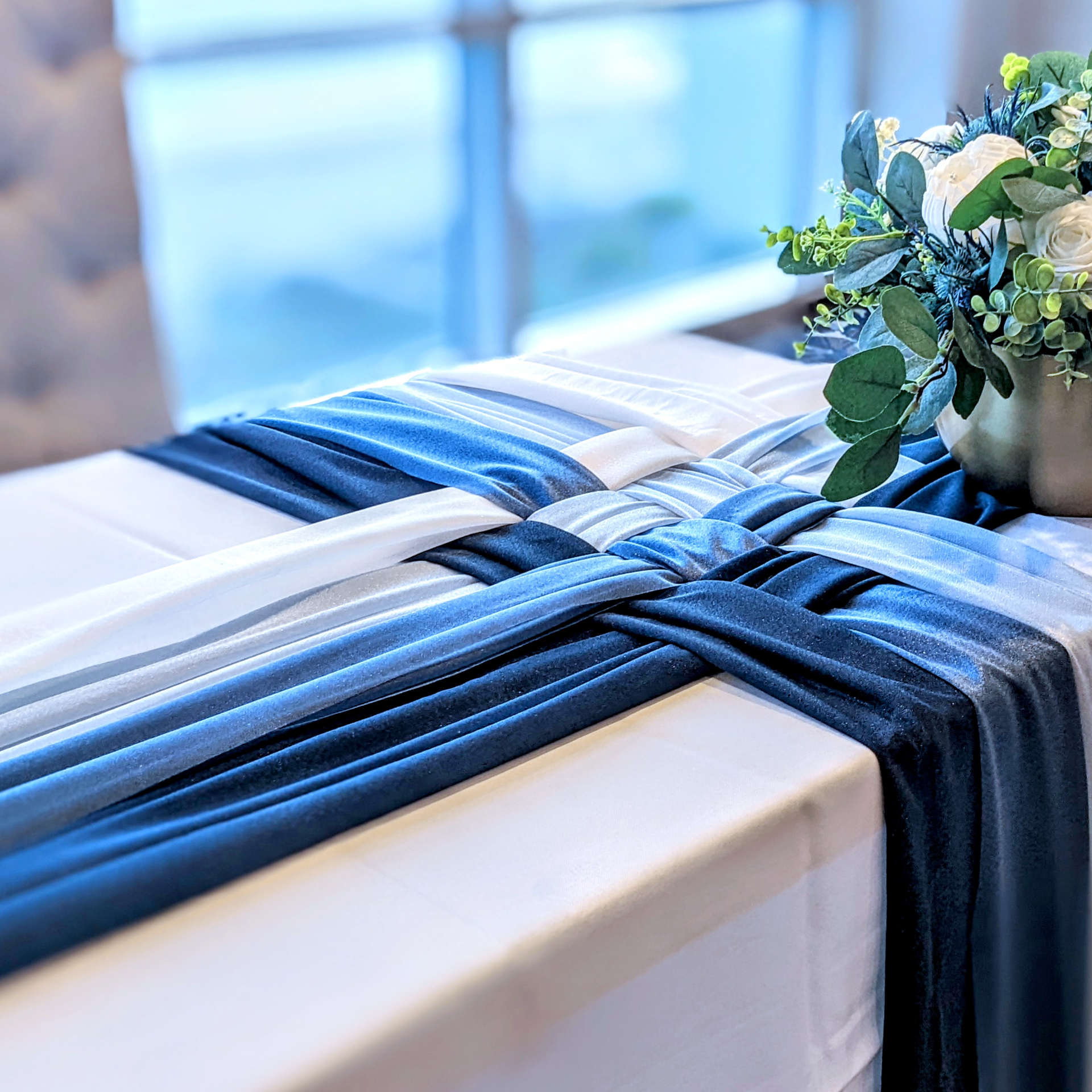 Chiffon Table Runner blue and white weave Wedding Party Event Rental Panama City Beach