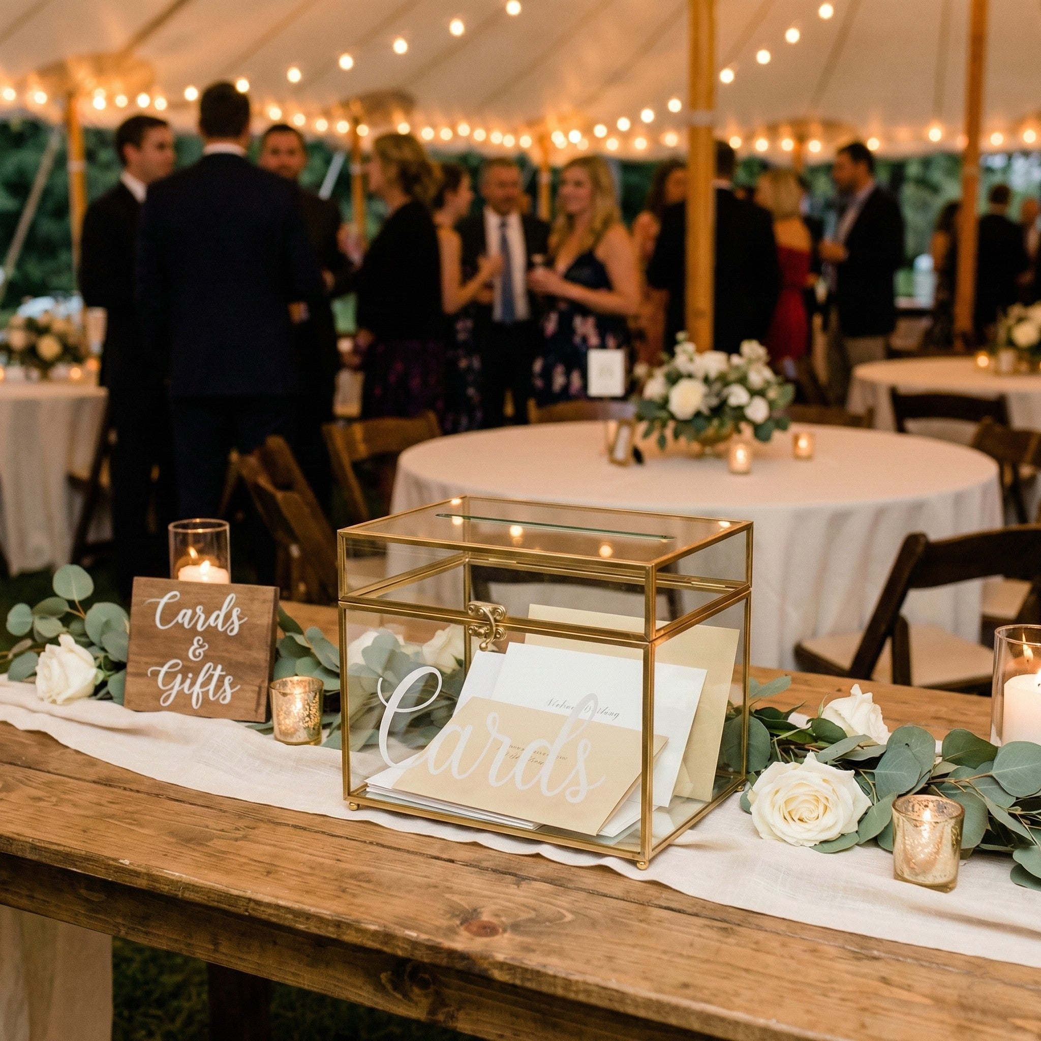 acrylic gold trimmed card box rental