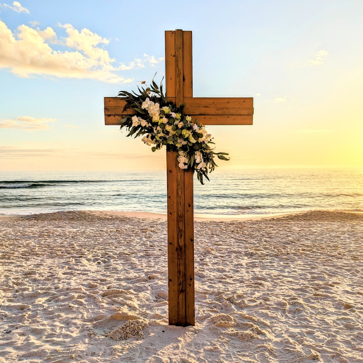 Oversized wooden wedding cross arbor rental in panama city beach florida