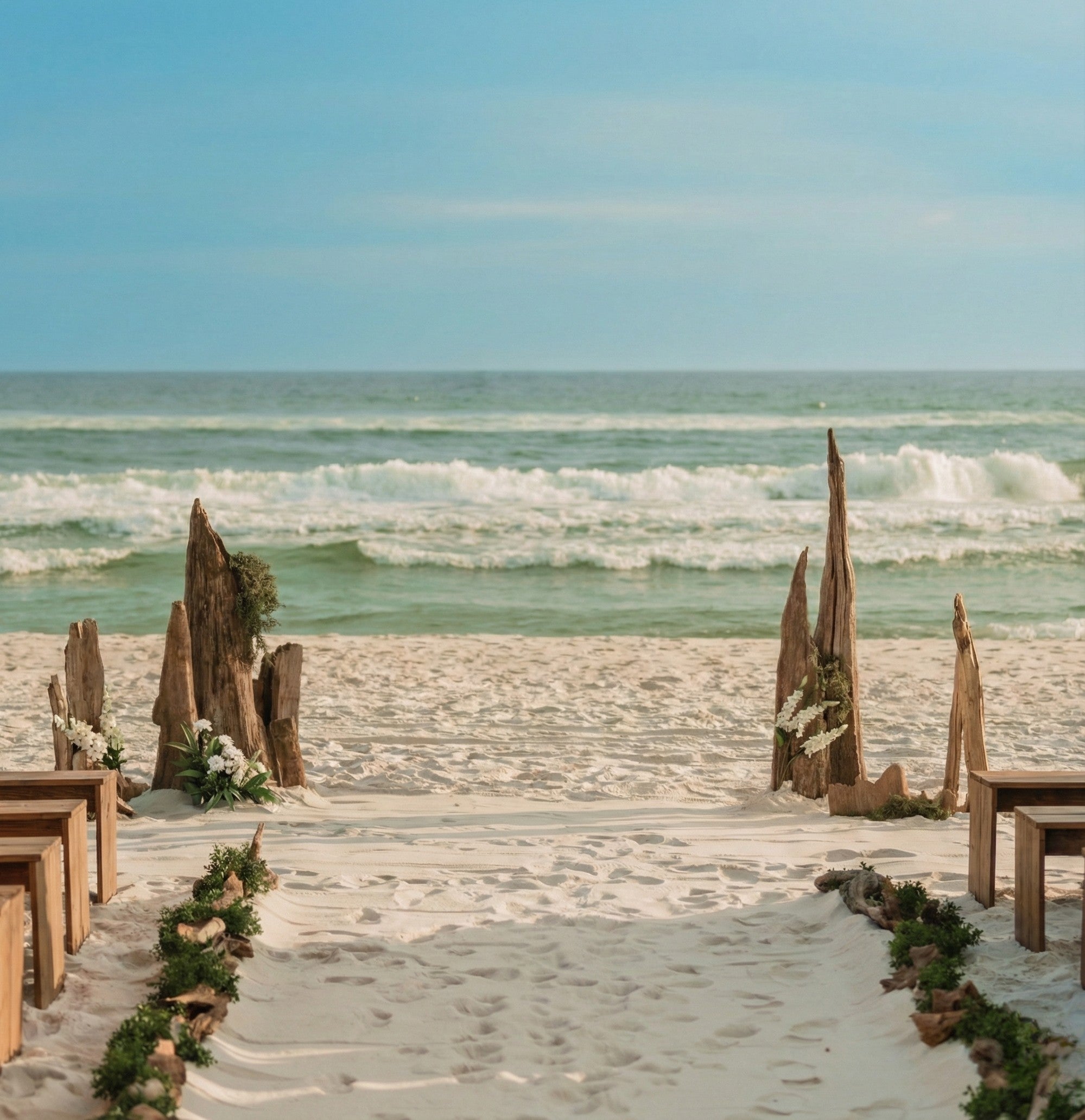 Beach wedding setup with driftwood wedding alter and floral arrangements, ocean waves in the background
