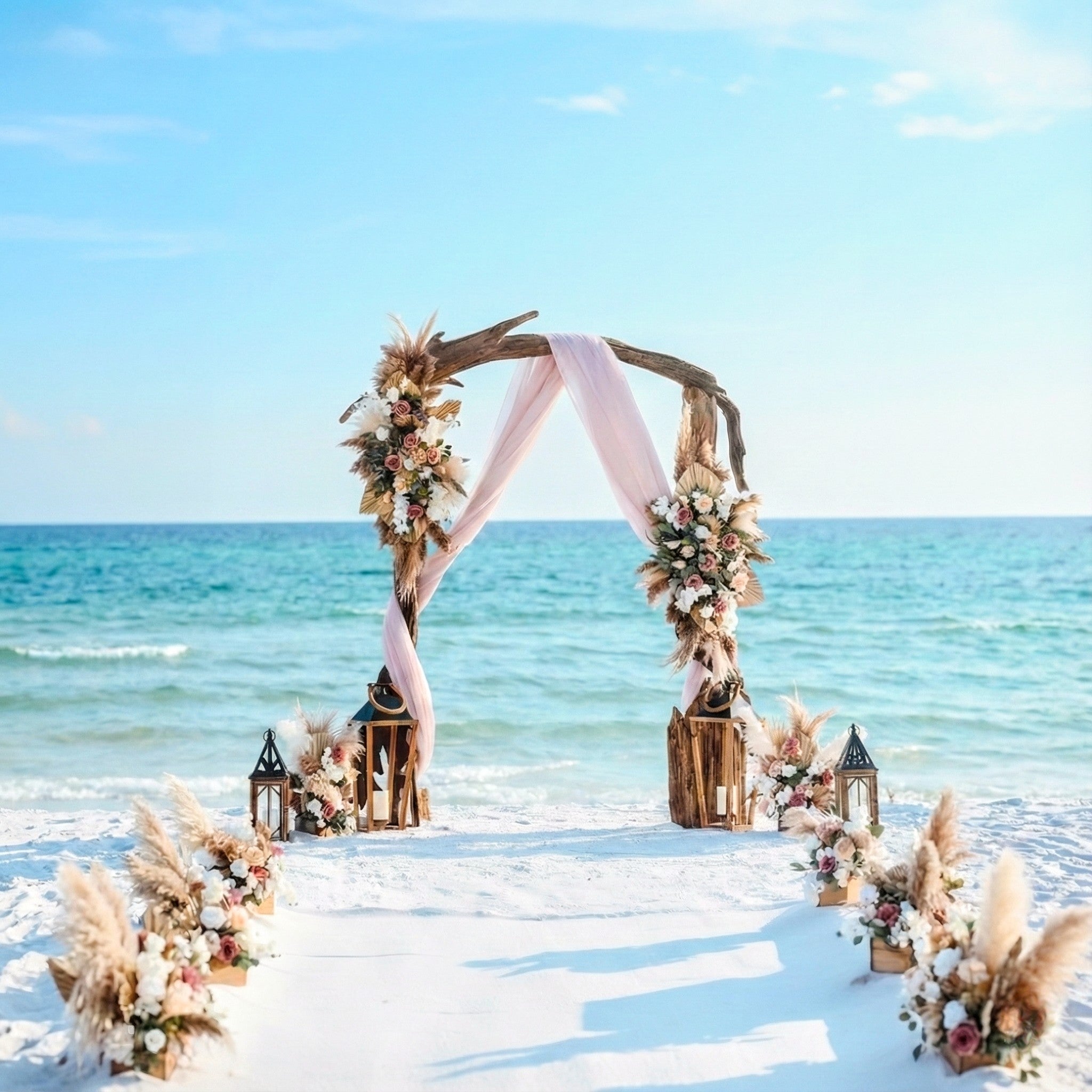 Driftwood wedding arch rental with flowers and pink drapery on a beach with ocean view