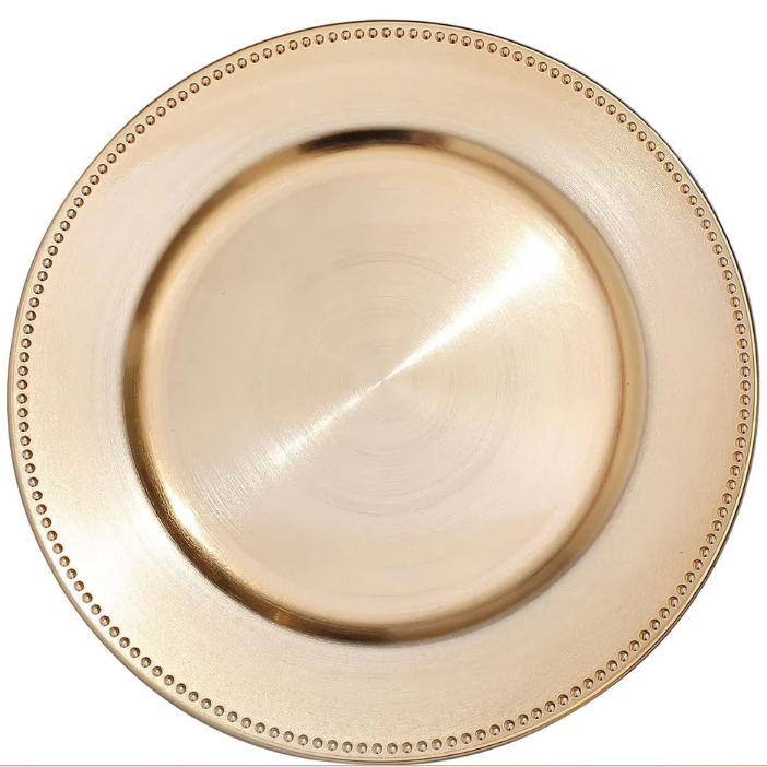 solid gold charger plate rental with raised beaded edge in panama city beach 30a