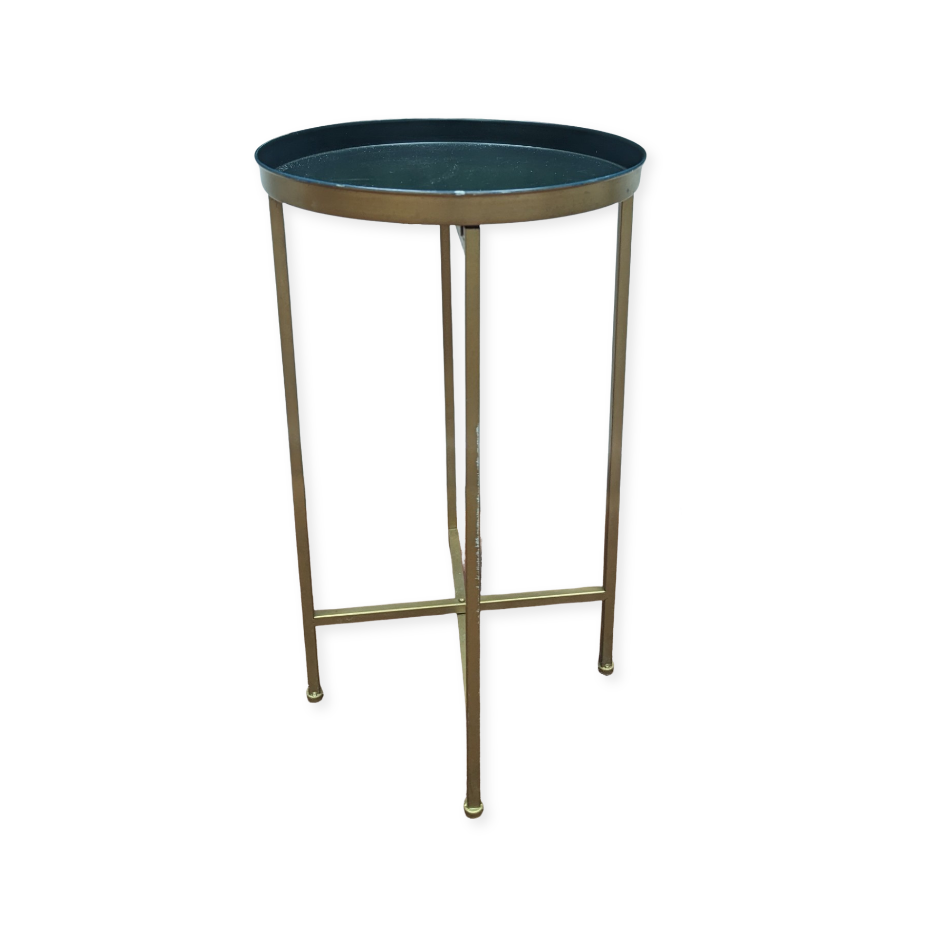 gold unity table with small round black tray top and gold legs