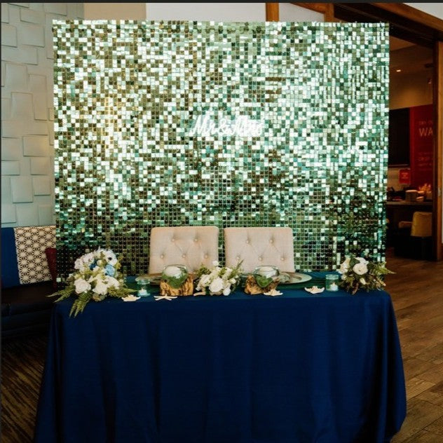 Green shimmer wall backdrop rental in panama city beach