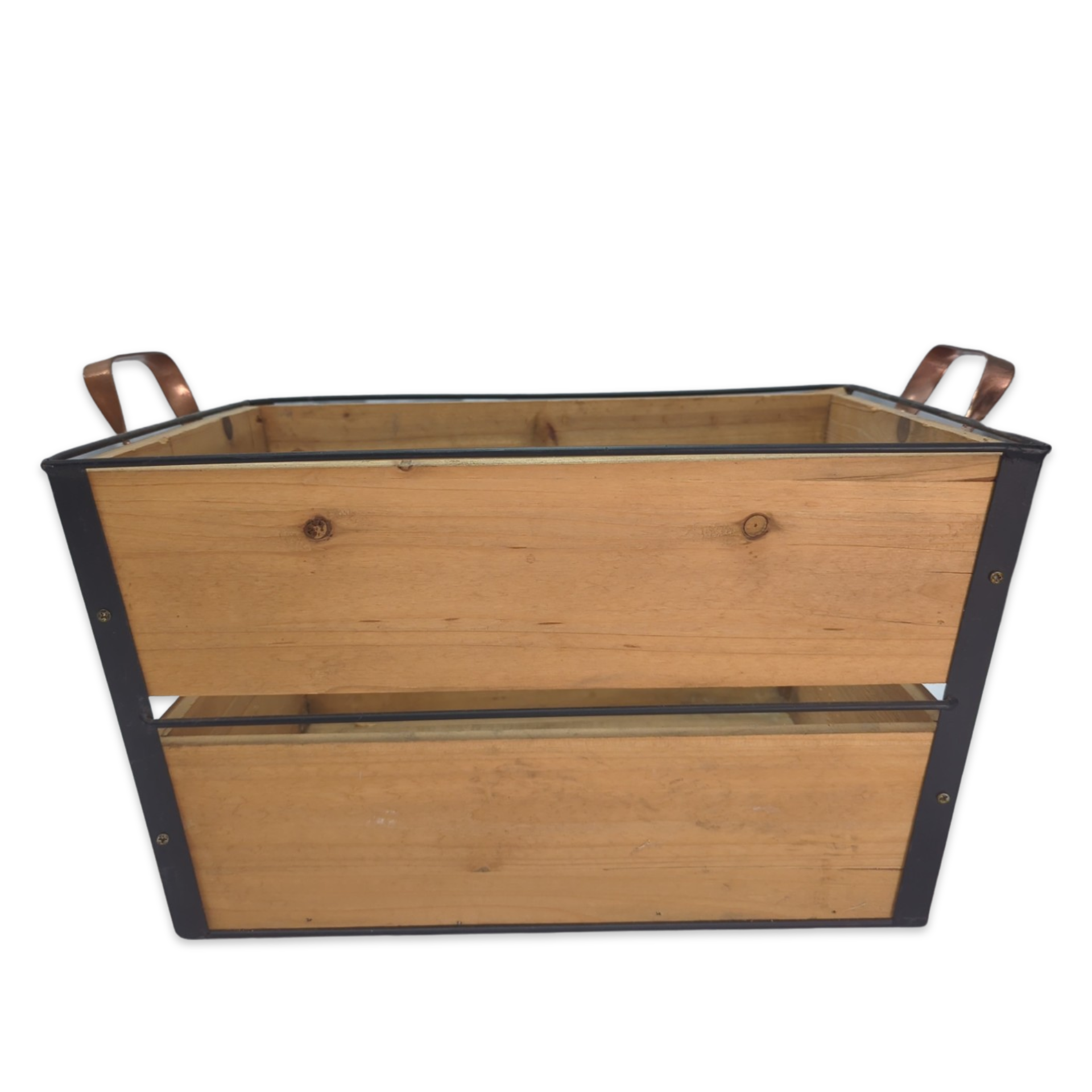 warm honey wood industrial or rustic style crate with black metal trim and copper handles for wedding or party as decor or flower box display