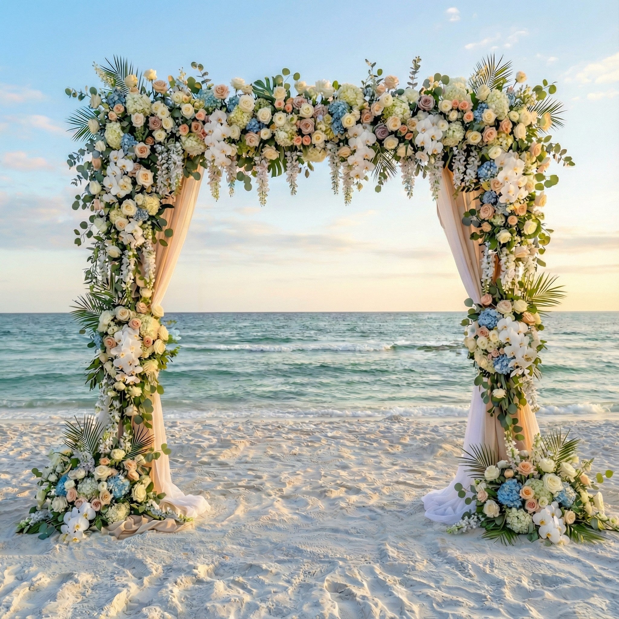 Floral arch on a beach with ocean view