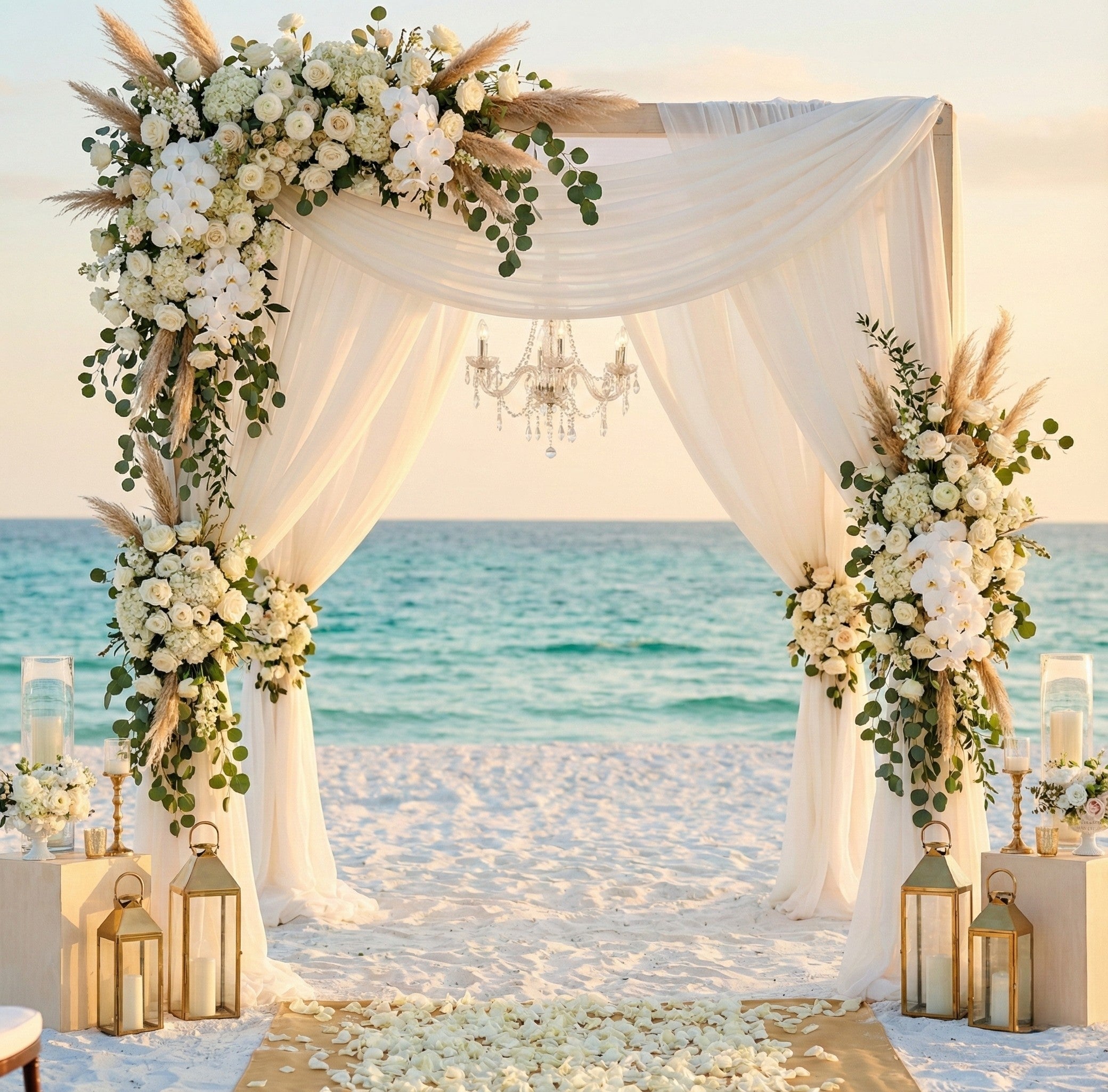 Luxe High end Beach wedding setup with floral arch and lanterns by the ocean in 30A