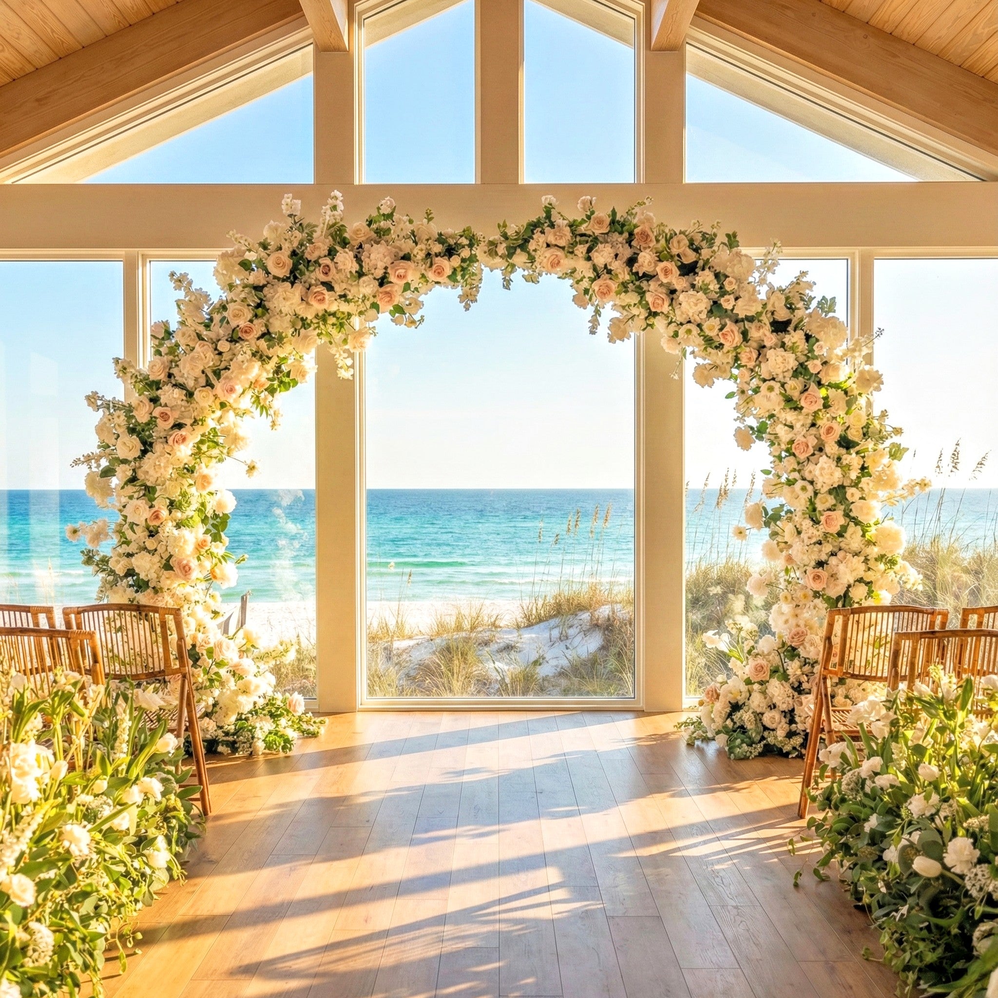 Floral archway in a room with large windows overlooking the Gulf in Panama city beach