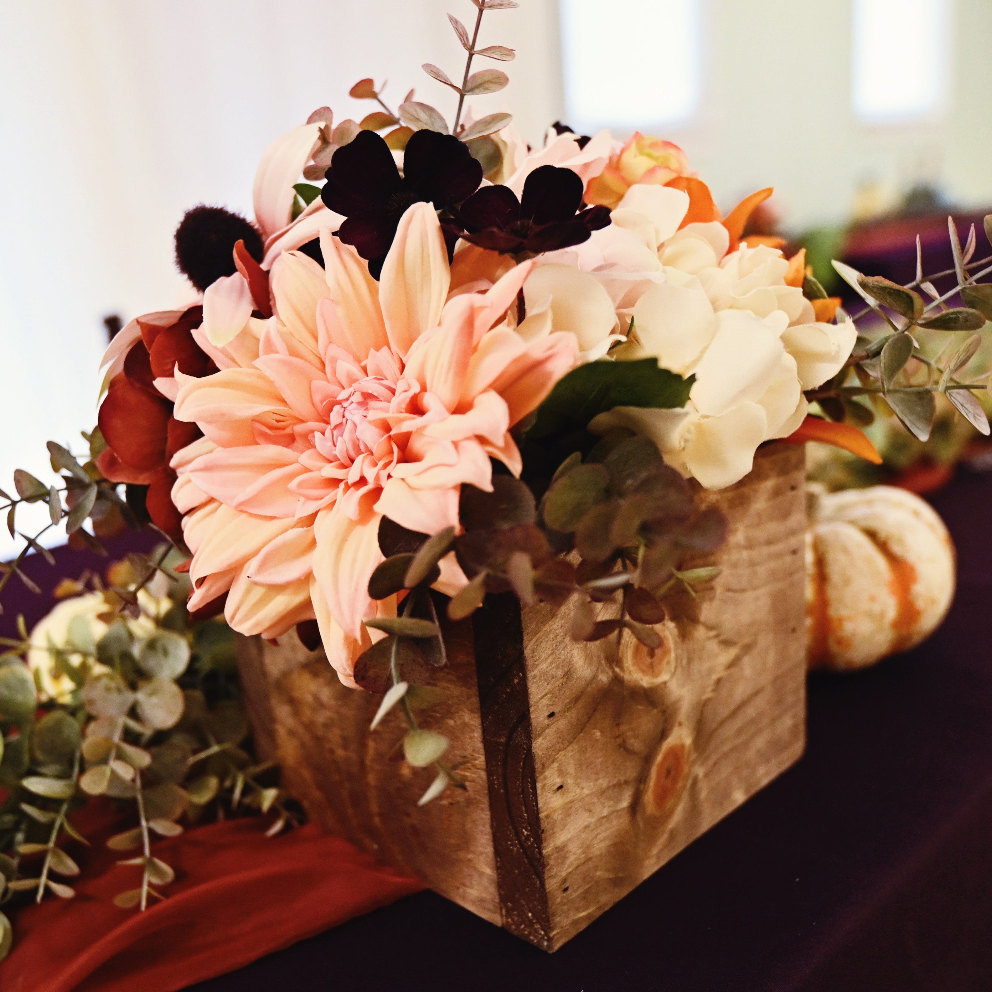 natural wood box floral centerpiece rental in Panama City Beach classic boho