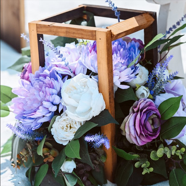 open wood lantern with floral spill aisle marker rental