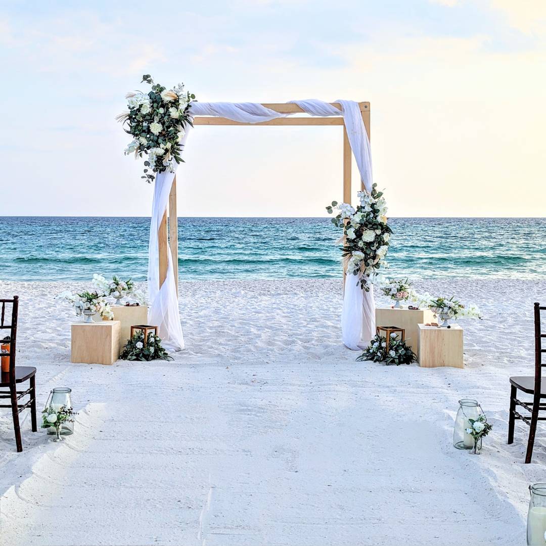 beach wedding arbor rental destination beach wedding ceremony package full service all inclusive in panama city beach 30a destin port st joe wedding planner wedding dj wedding officiant wedding photographer