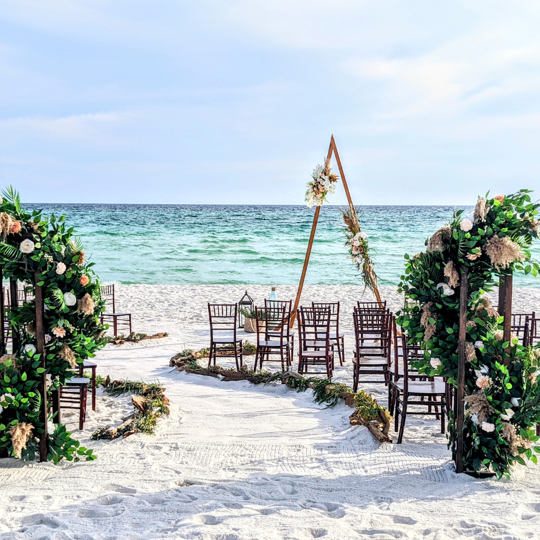 beach wedding arbor rental destination beach wedding ceremony package full service all inclusive in panama city beach 30a destin port st joe curved aisle wedding planner wedding dj wedding officiant wedding photographer in panama city beach