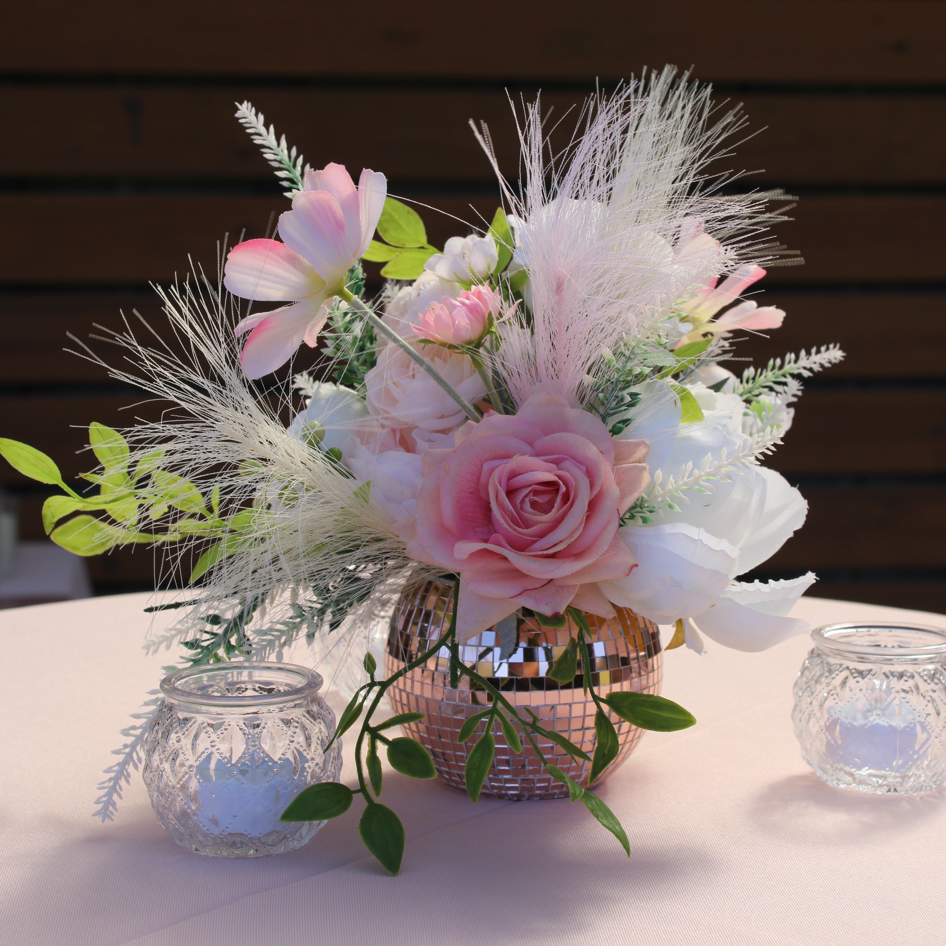 rose gold mini disco ball centerpiece rental in panama city beach fun whimsical playful