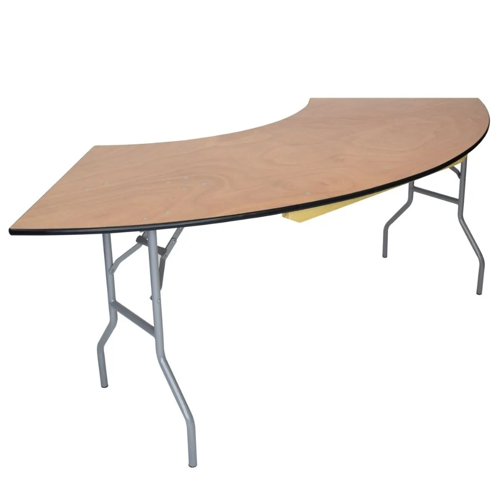 Curved serpentine folding table rental in panama city beach 30a with wooden top and metal legs on a white background