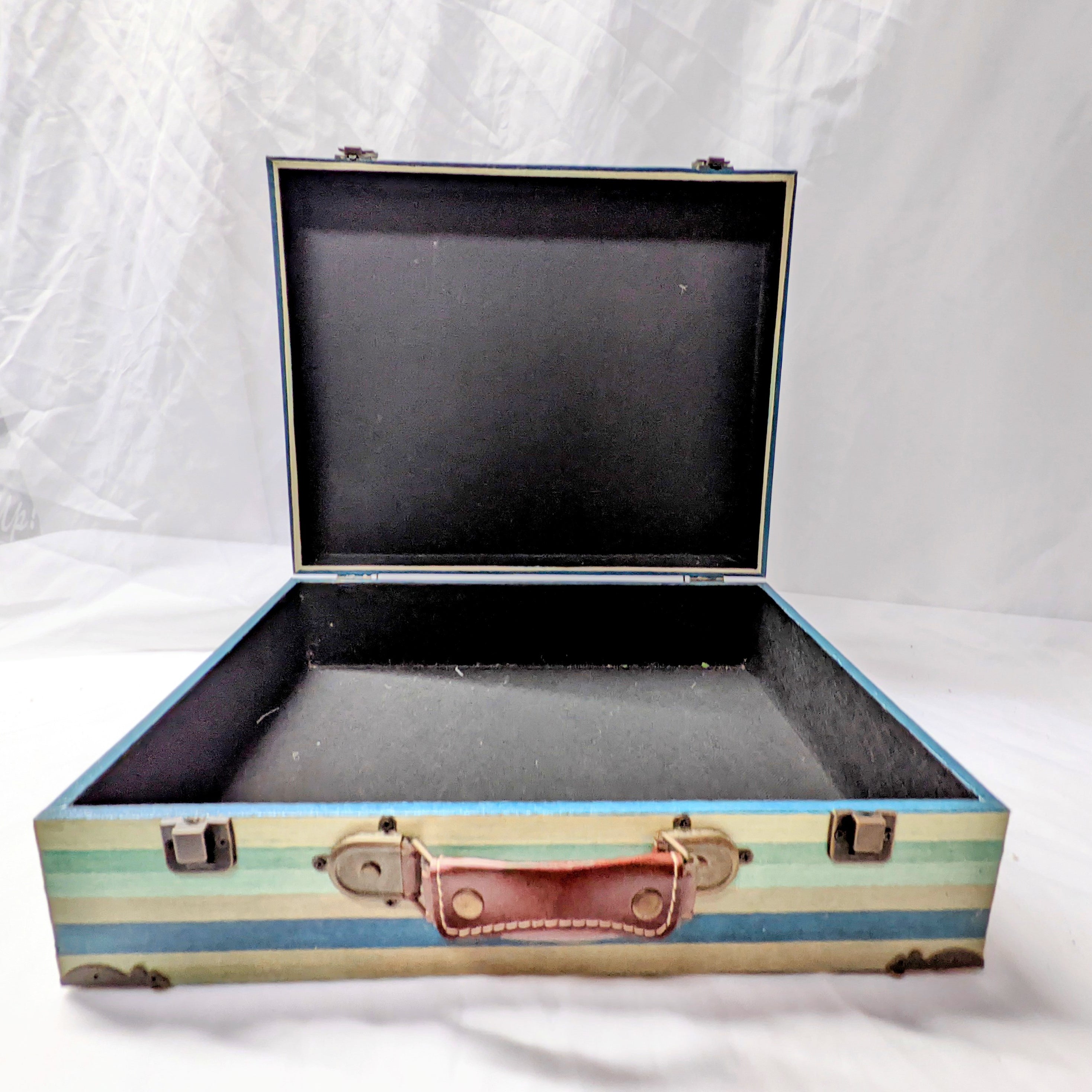 blue green and wood vintage suitcase with metal and leather details for wedding or party use as a card holder or display