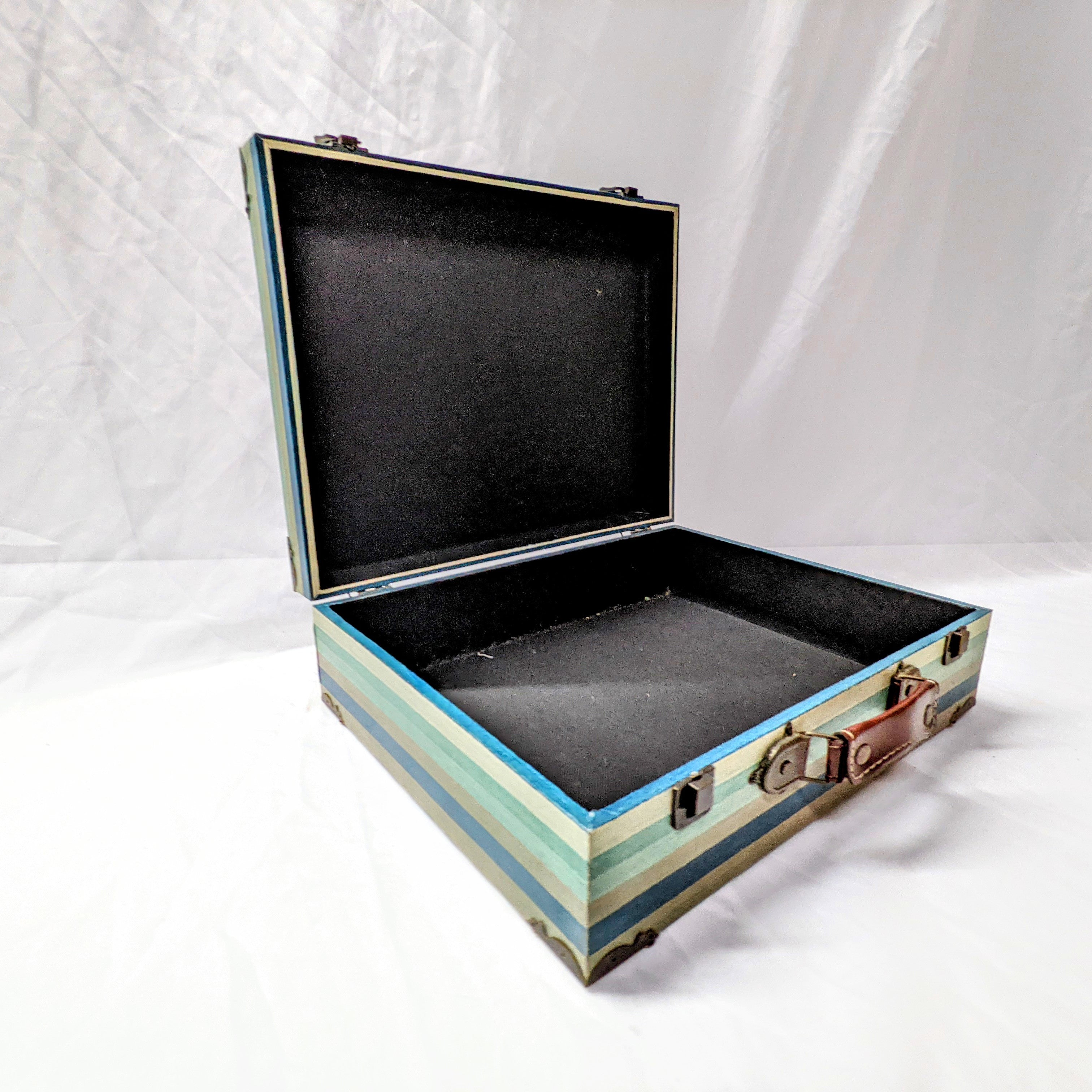 blue green and wood vintage suitcase with metal and leather details for wedding or party use as a card holder or display