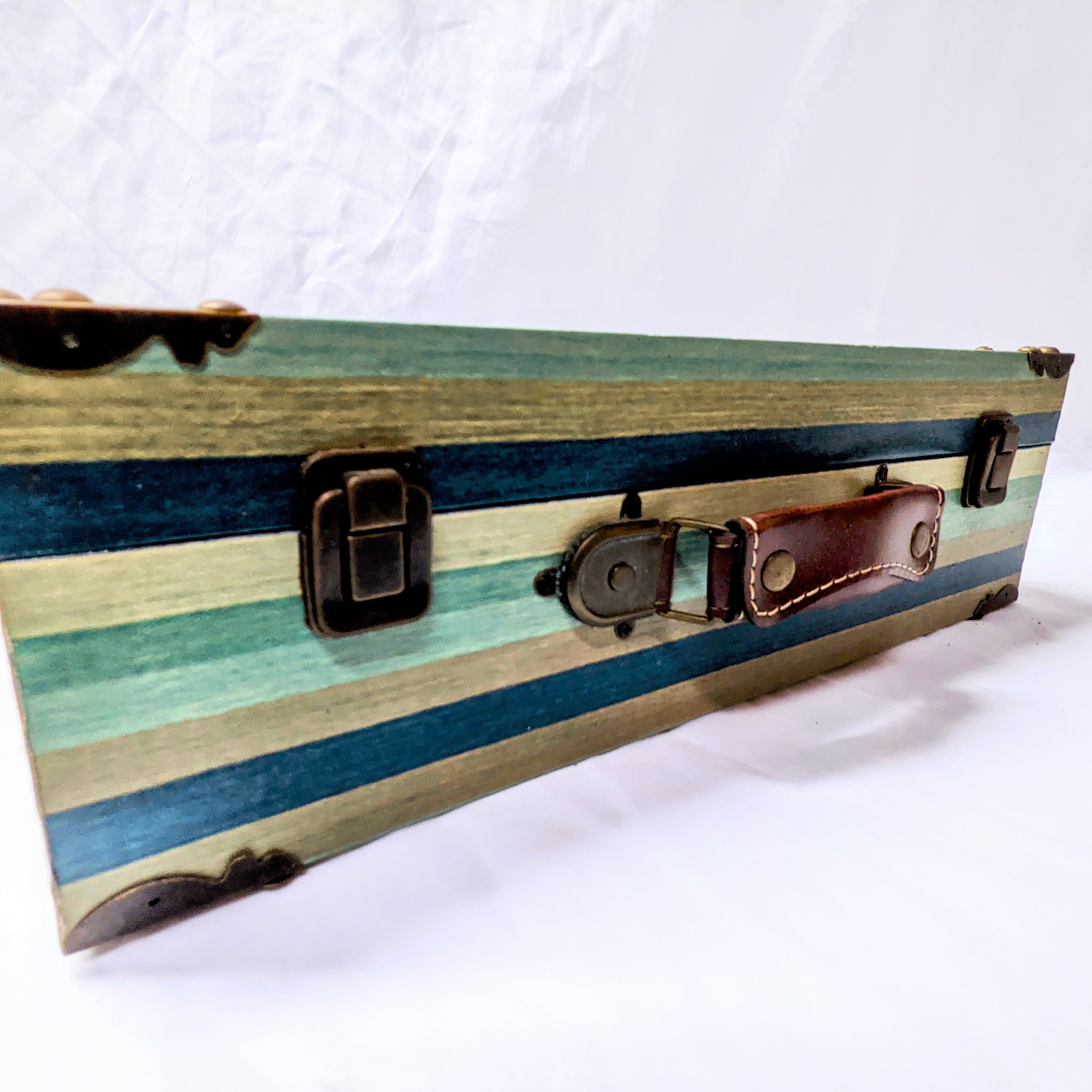 blue green and wood vintage suitcase with metal and leather details for wedding or party use as a card holder or display