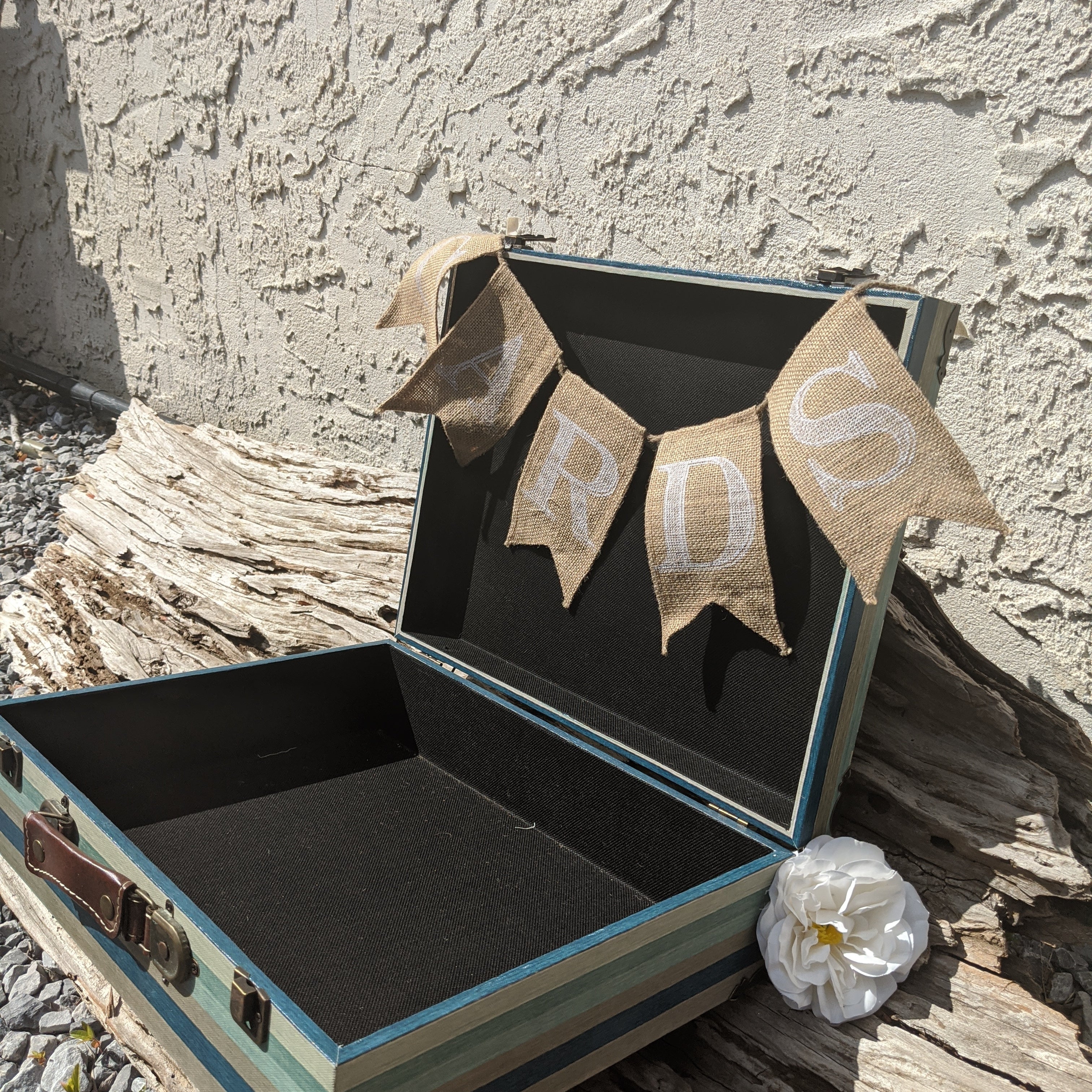 blue green and wood vintage suitcase with metal and leather details for wedding or party use as a card holder or display