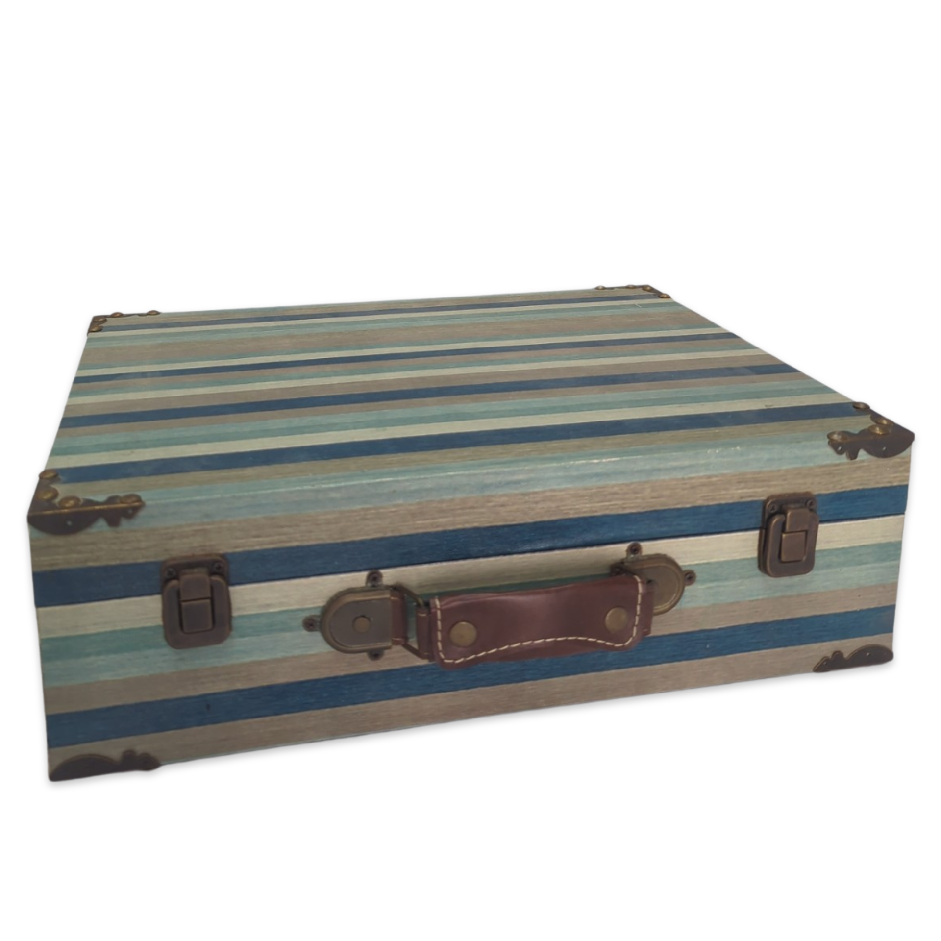 blue green and wood vintage suitcase with metal and leather details for wedding or party use as a card holder or display