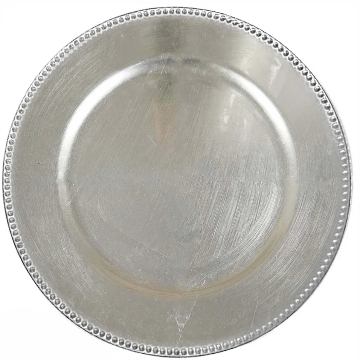 solid silver charger plate rental with raised beaded edge in panama city beach 30a