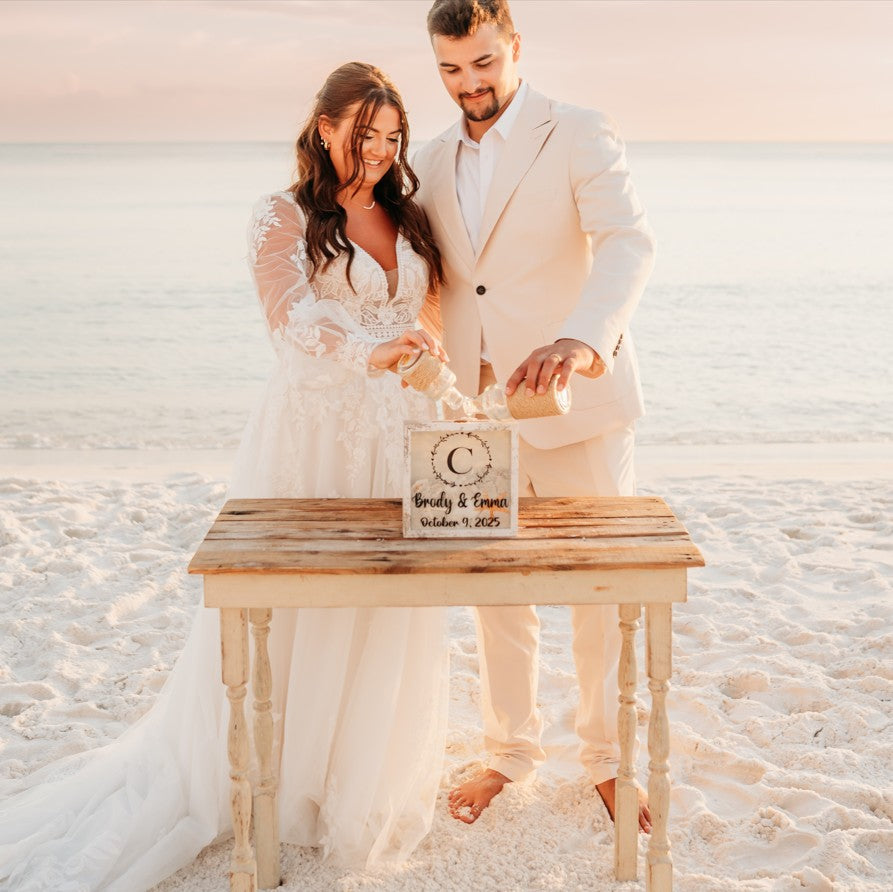 unity sand table rental wood top with white spindle legs