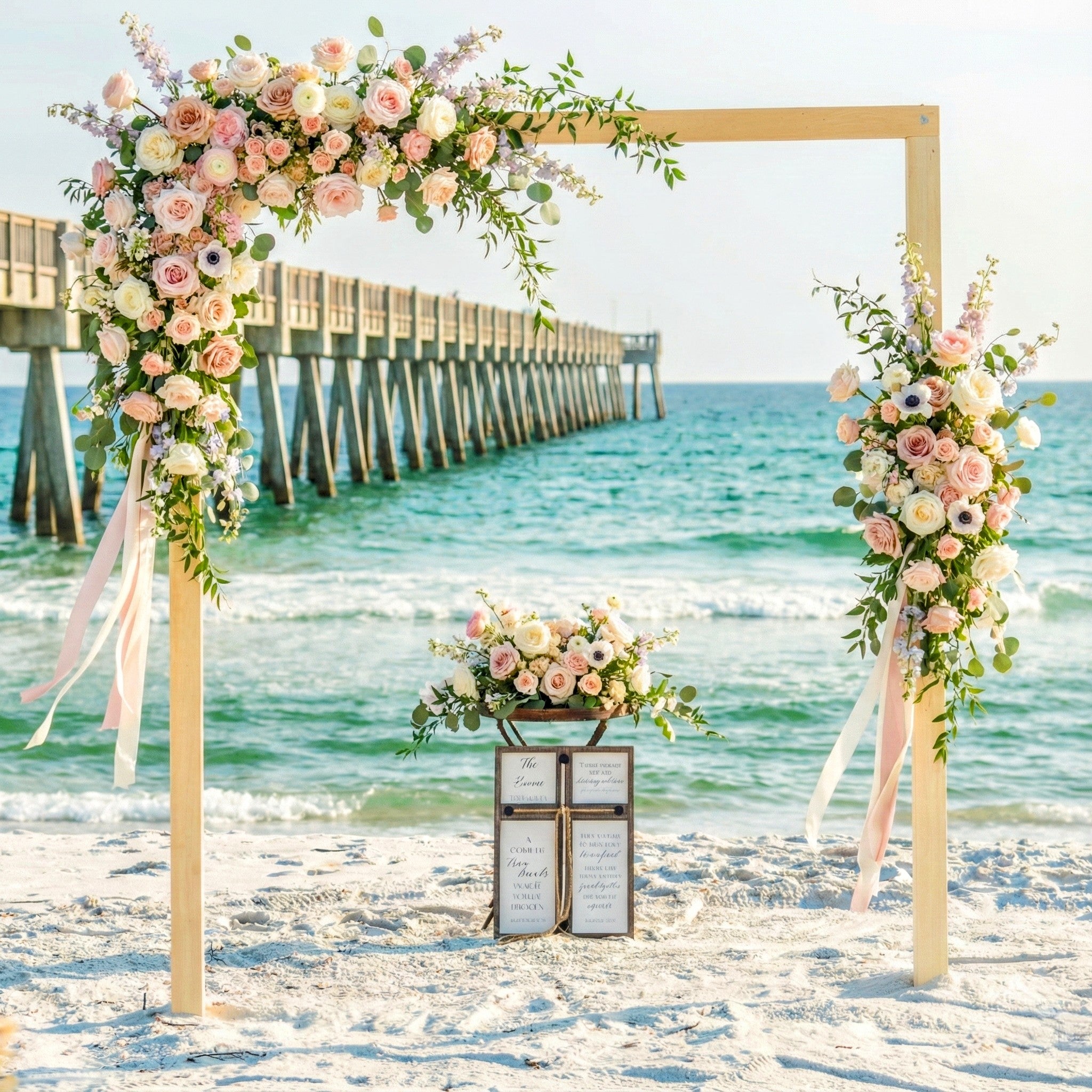 Floral arch on a beach with ocean view