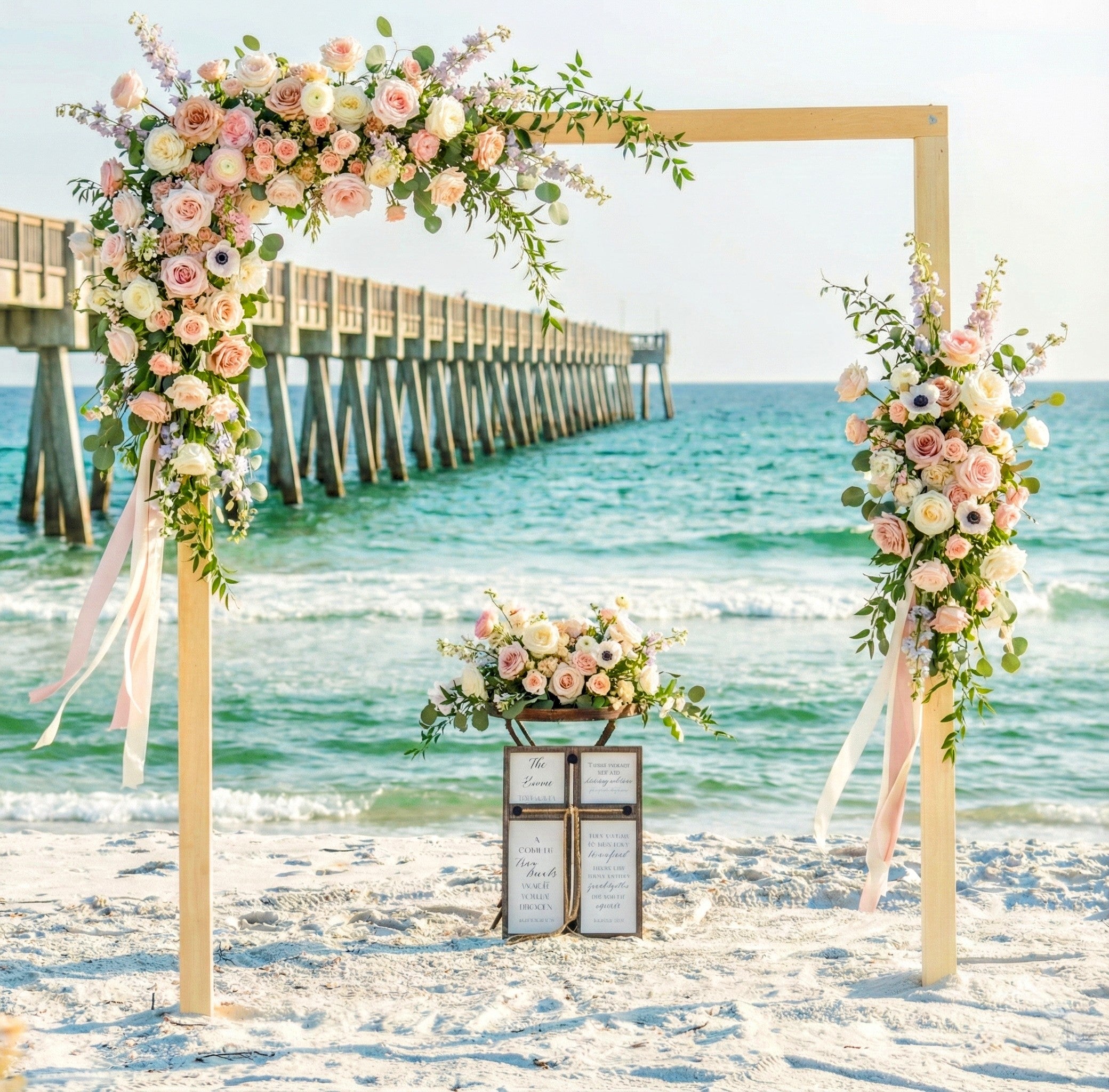 Floral arch on a beach with ocean view