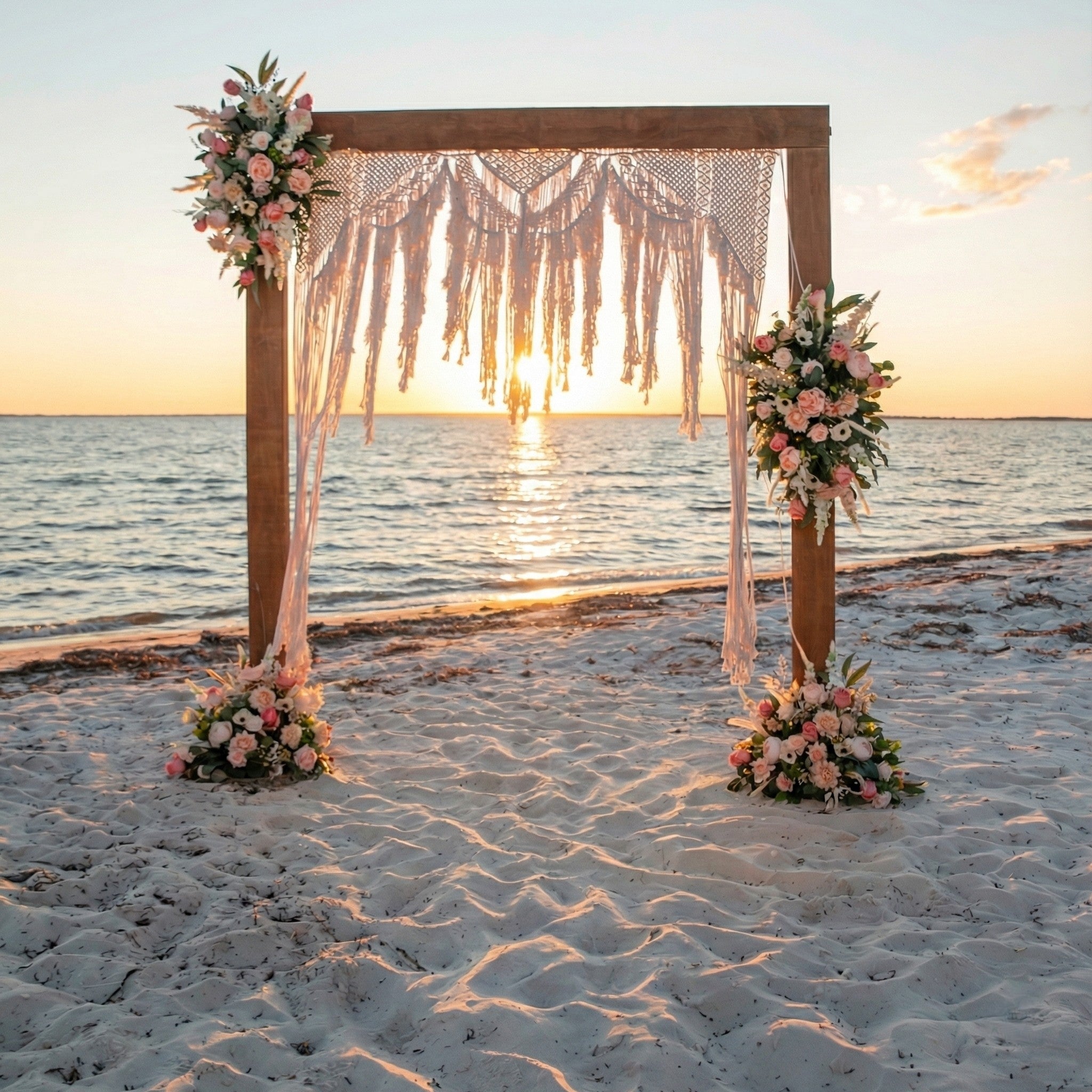Decorative arch with macrame and flowers on a beach at sunset