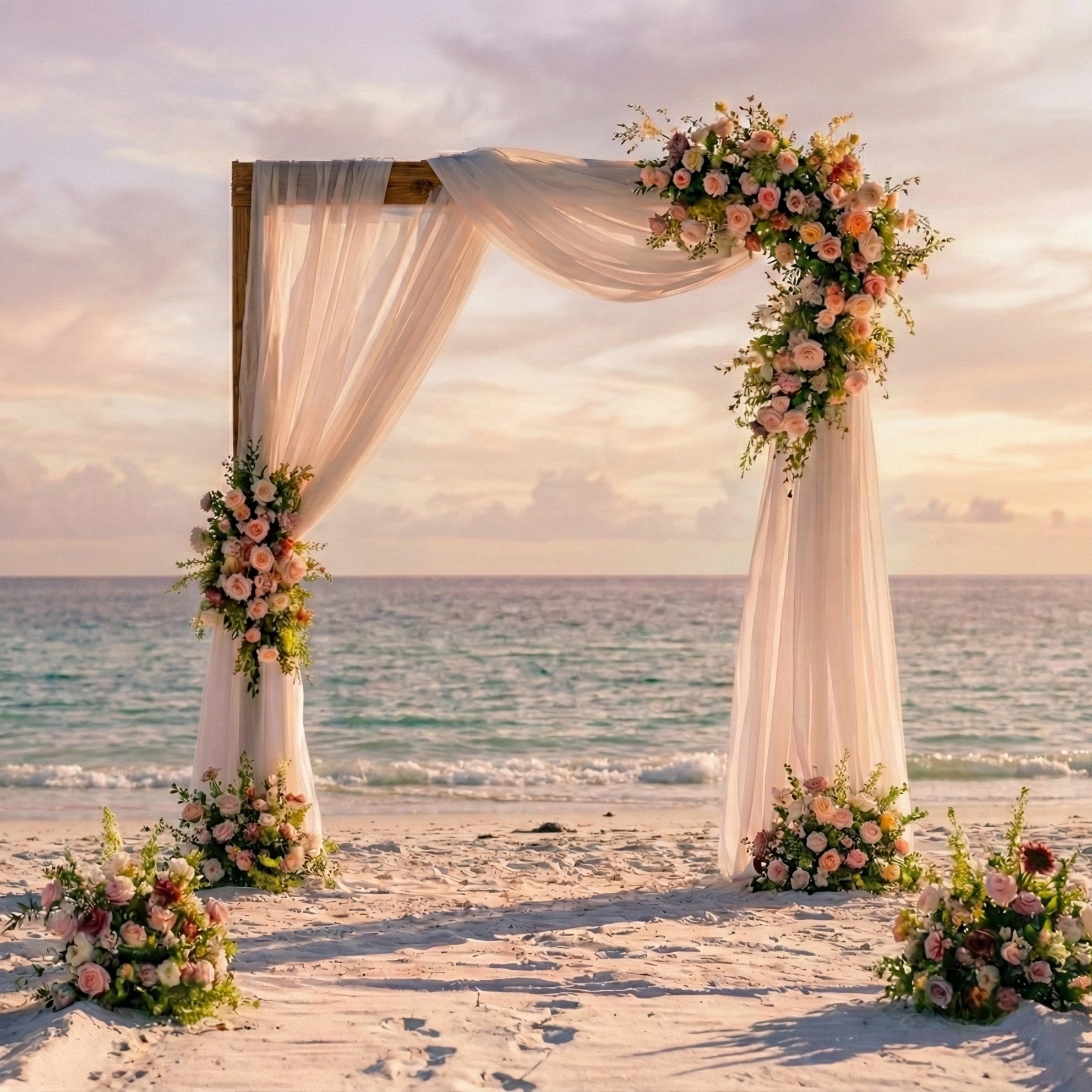 Floral archway on a beach with ocean view during sunset