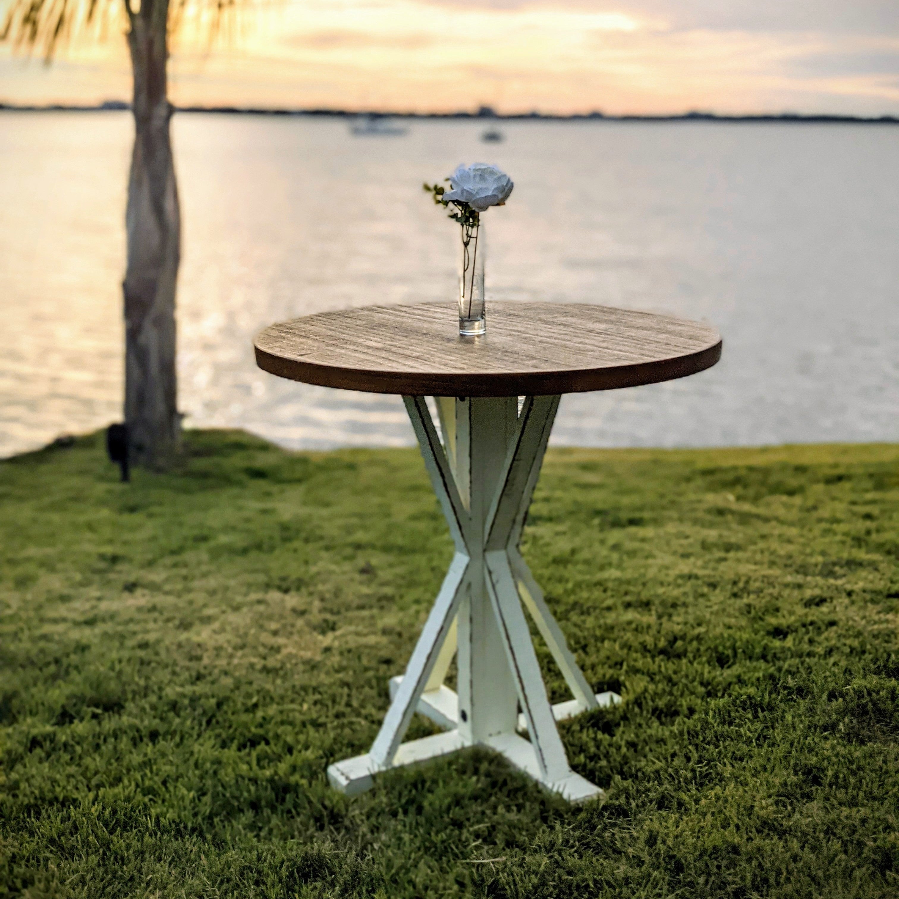 farmhouse rustic beachy cocktail table rental for wedding or event