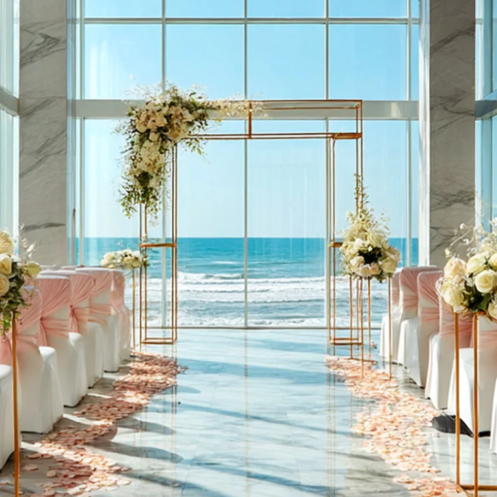 Wedding setup with floral arrangements and chairs by a large window with a view of the ocean.