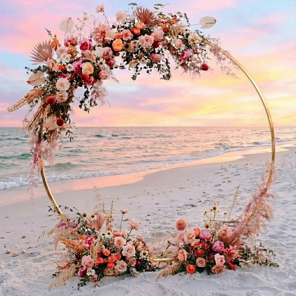 Gold Circle Floral arch on a beach with a sunset in the background
