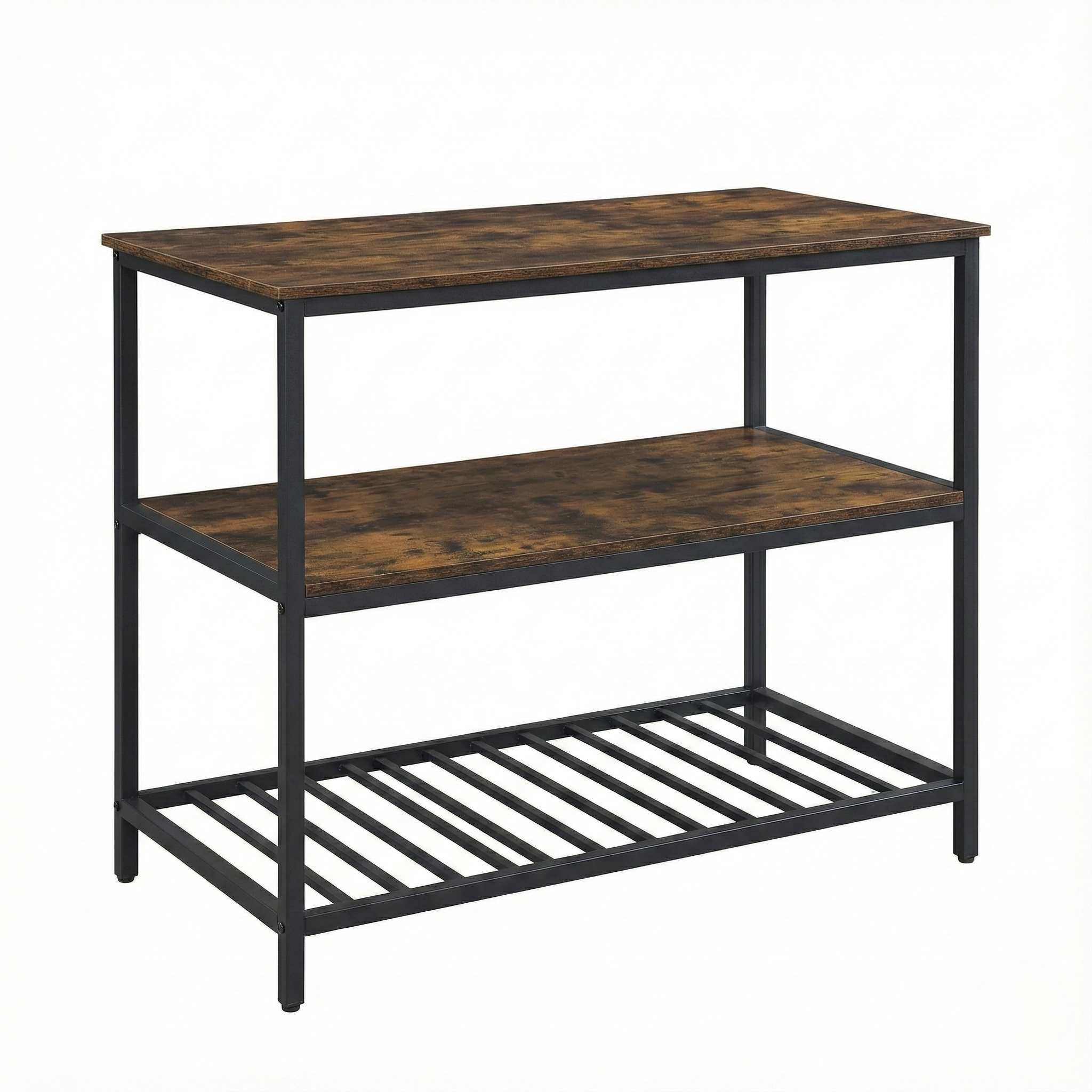 Console table with wooden top and shelves on a white background