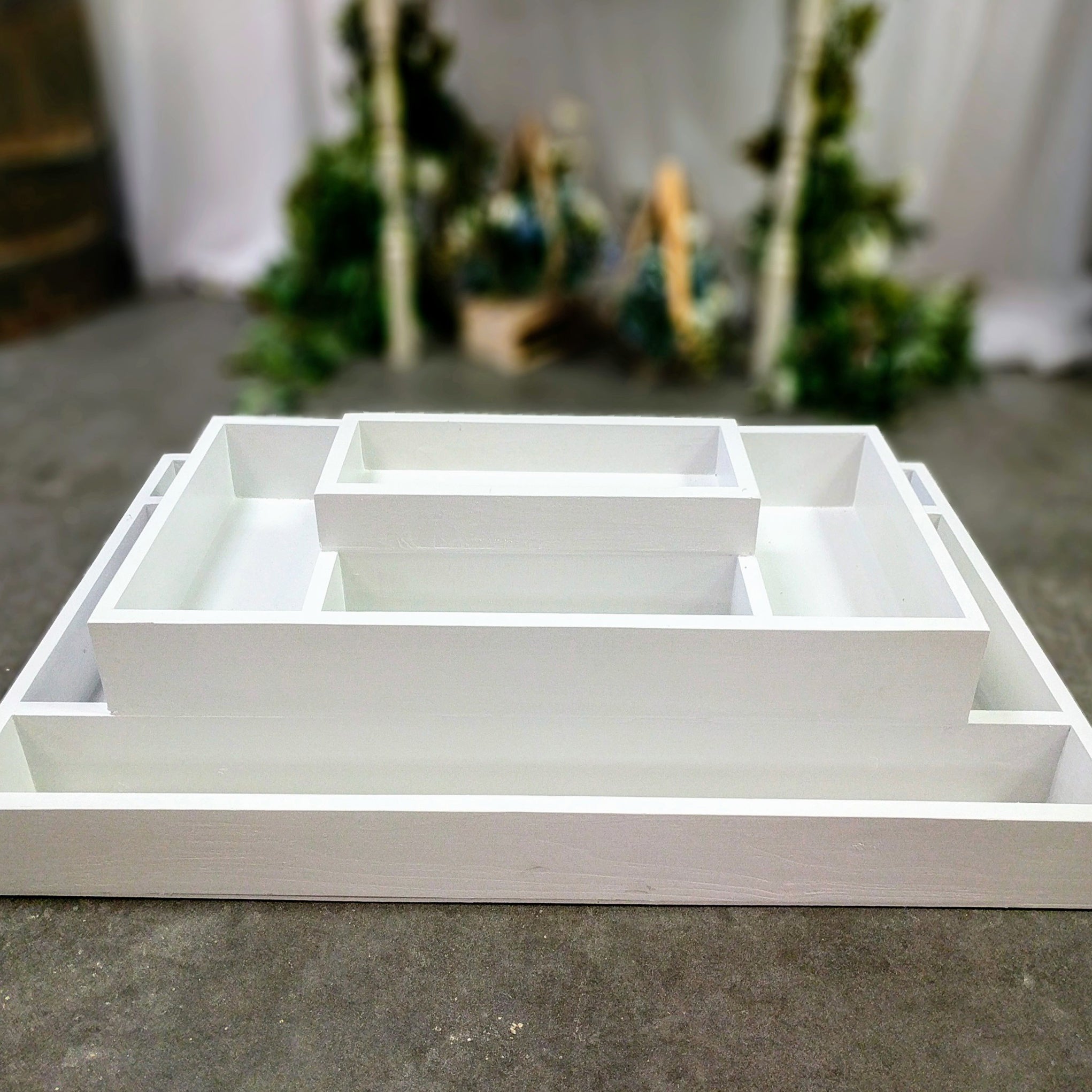 tiered white wooden smores table tray rental