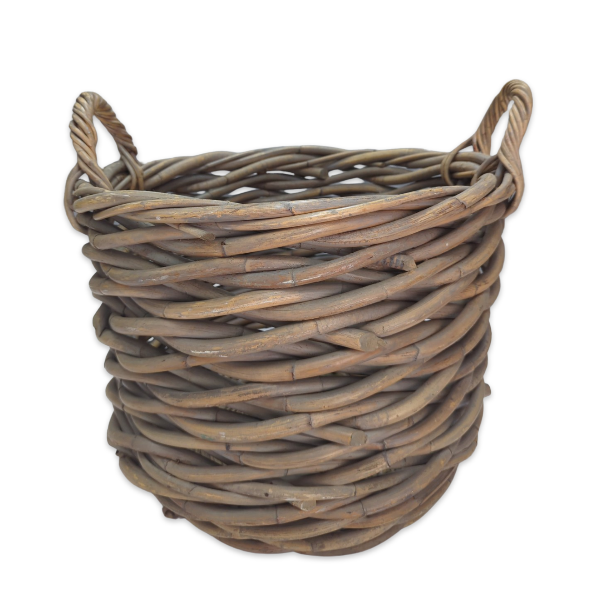 wooden woven basket with large vining weave and handles made from natural material beautiful light brown grey color whimsical boho style for weddings or events decor and flower display