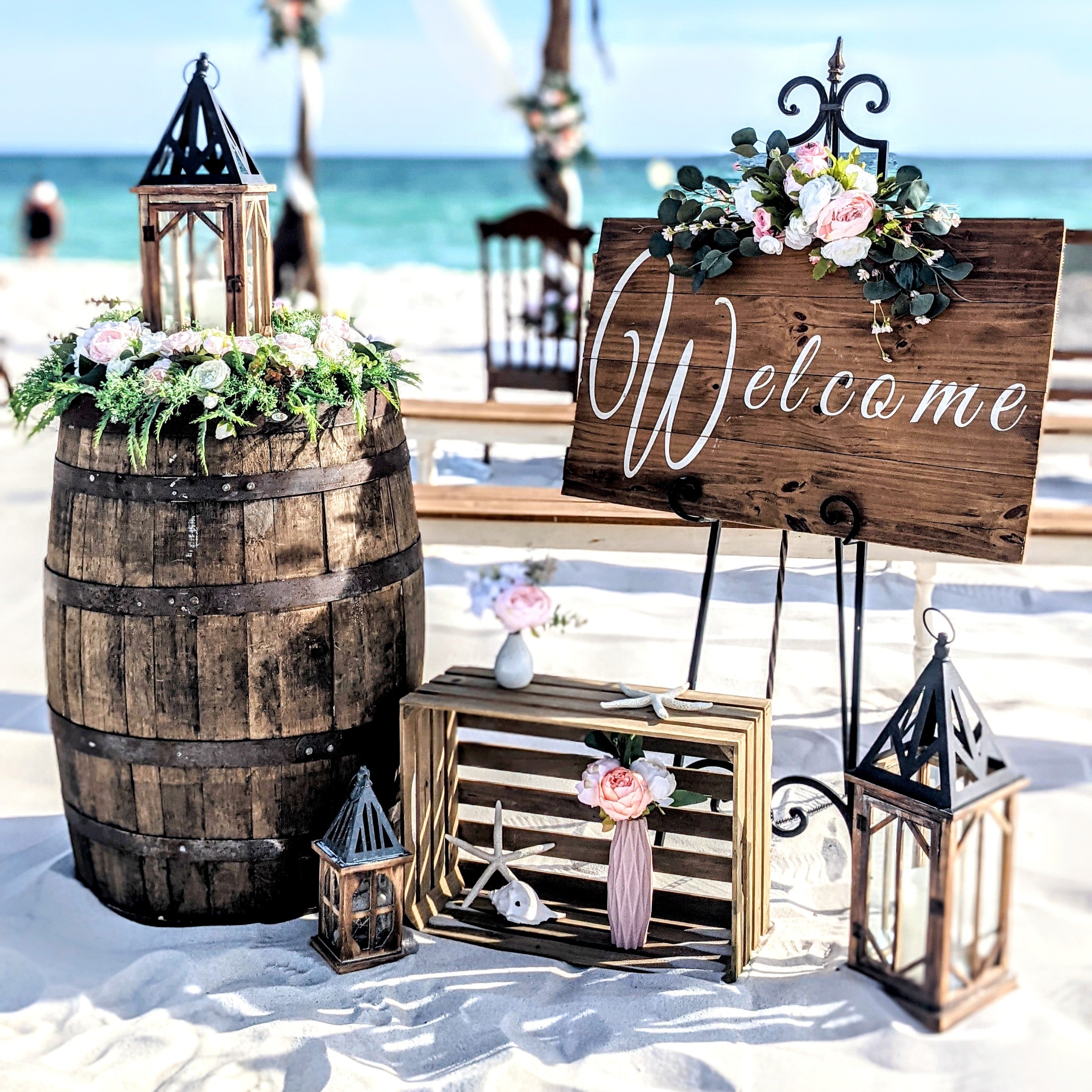 whiskey barrel aisle entry marker floral wreath