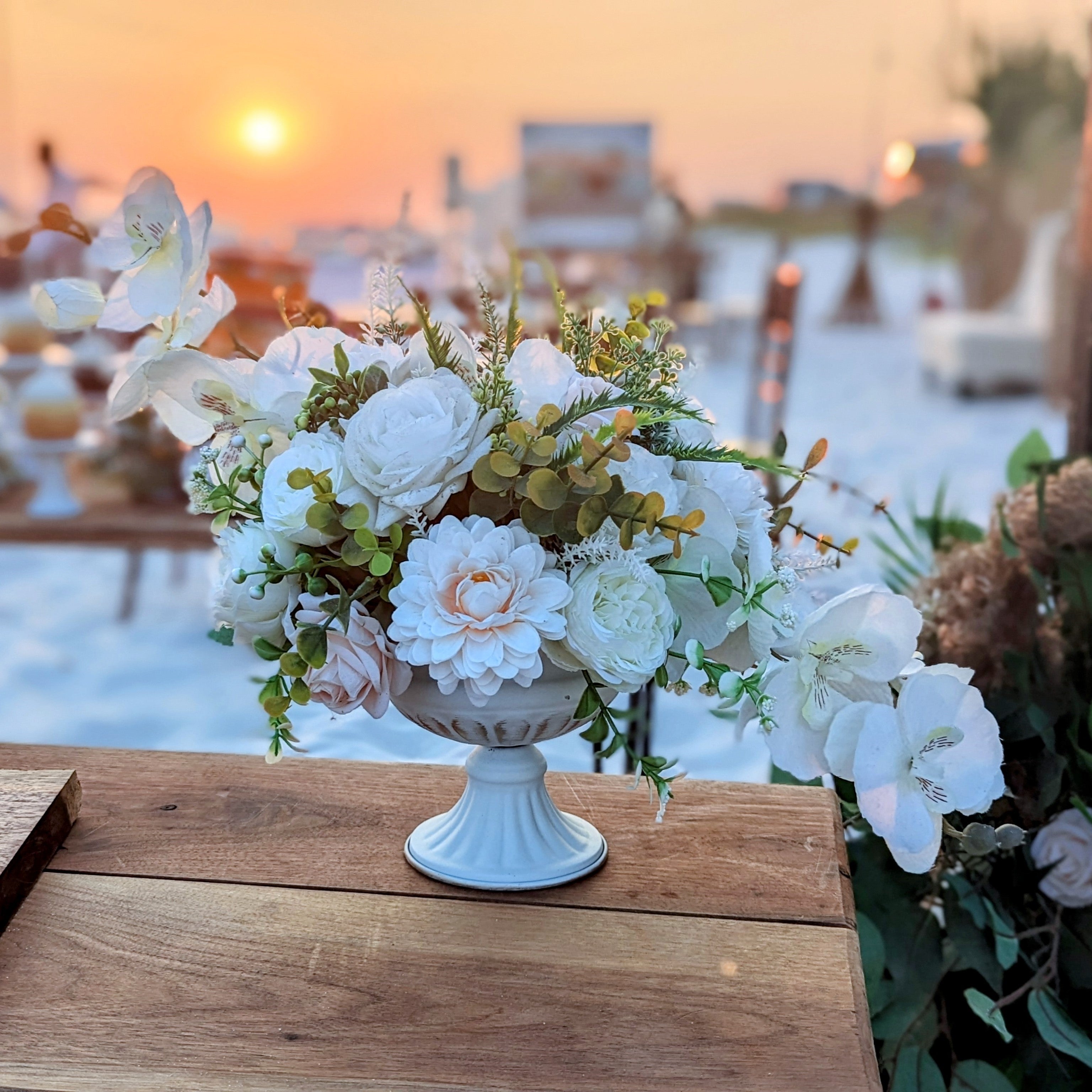 Customized white compote vase centerpiece rental in panama city beach