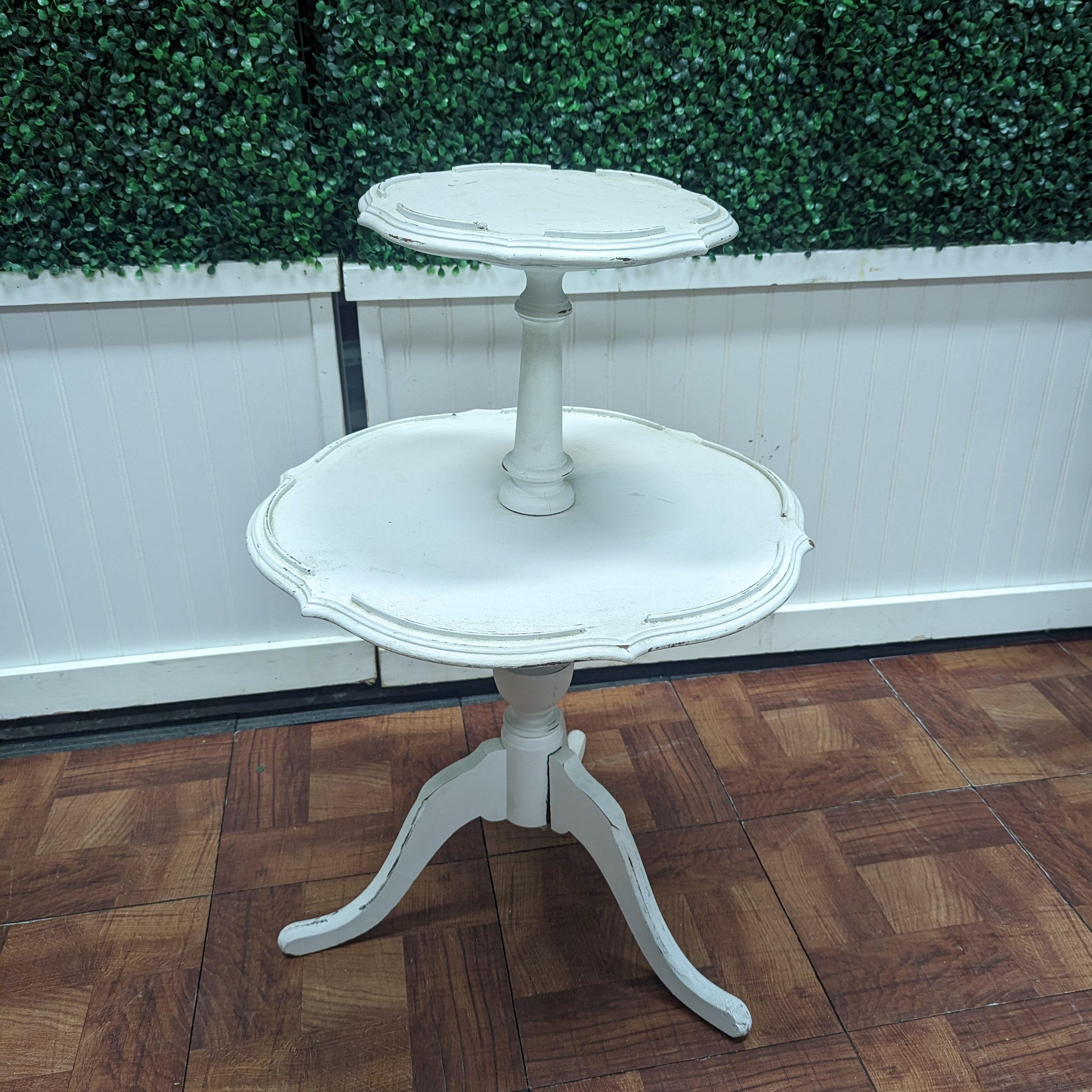 white vintage 2-tier tea table rental for wedding