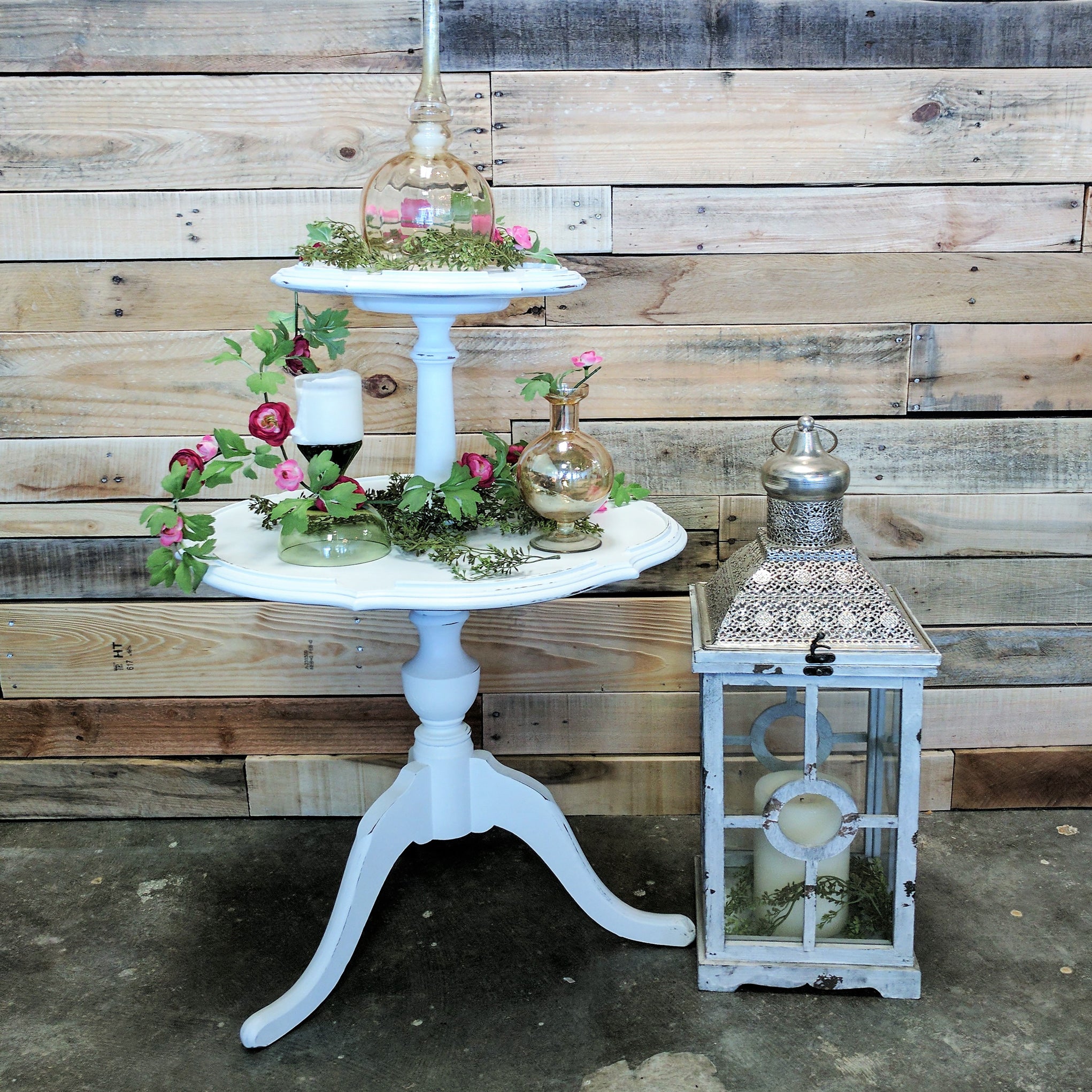 white vintage 2-tier tea table rental for wedding