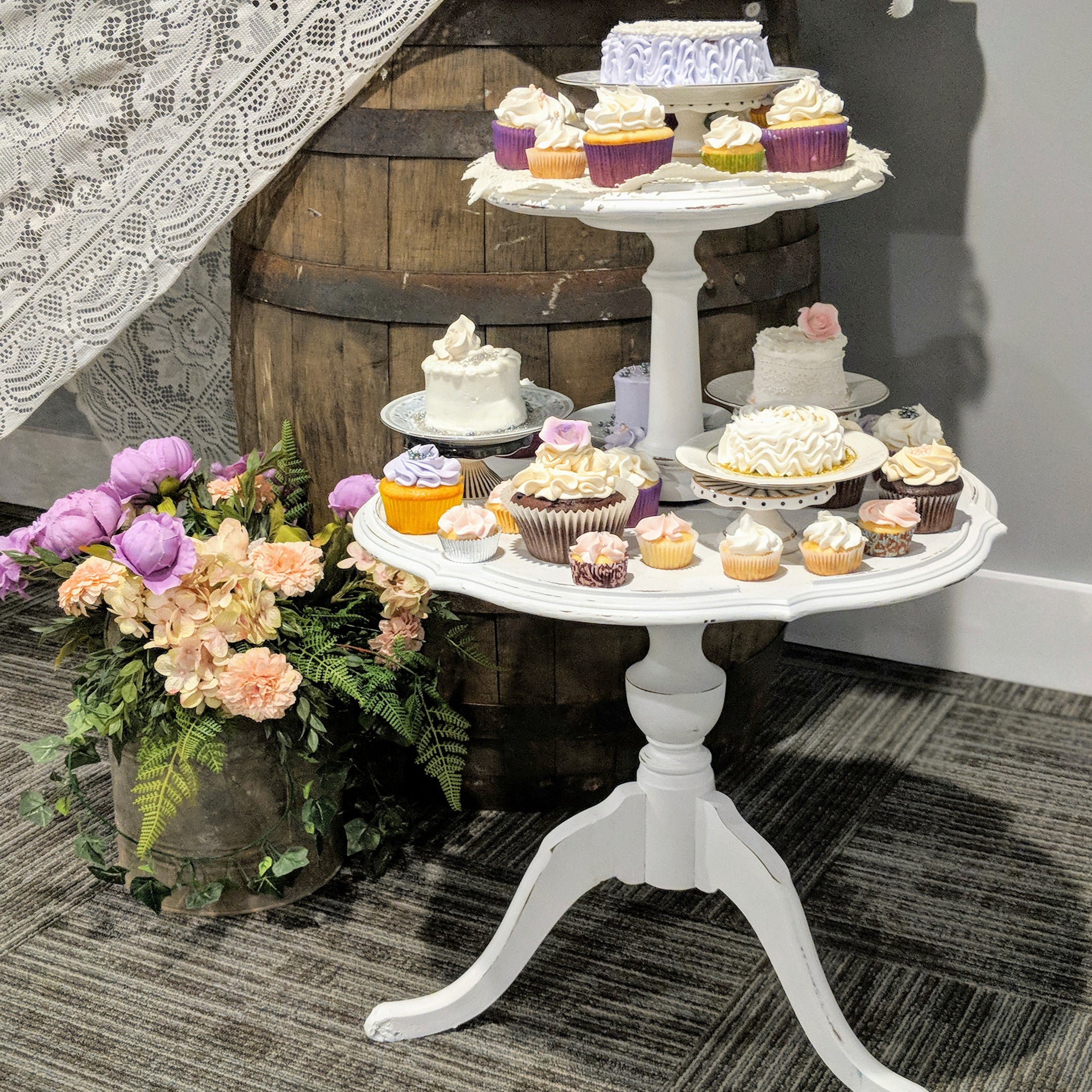 white vintage 2-tier tea table rental for wedding