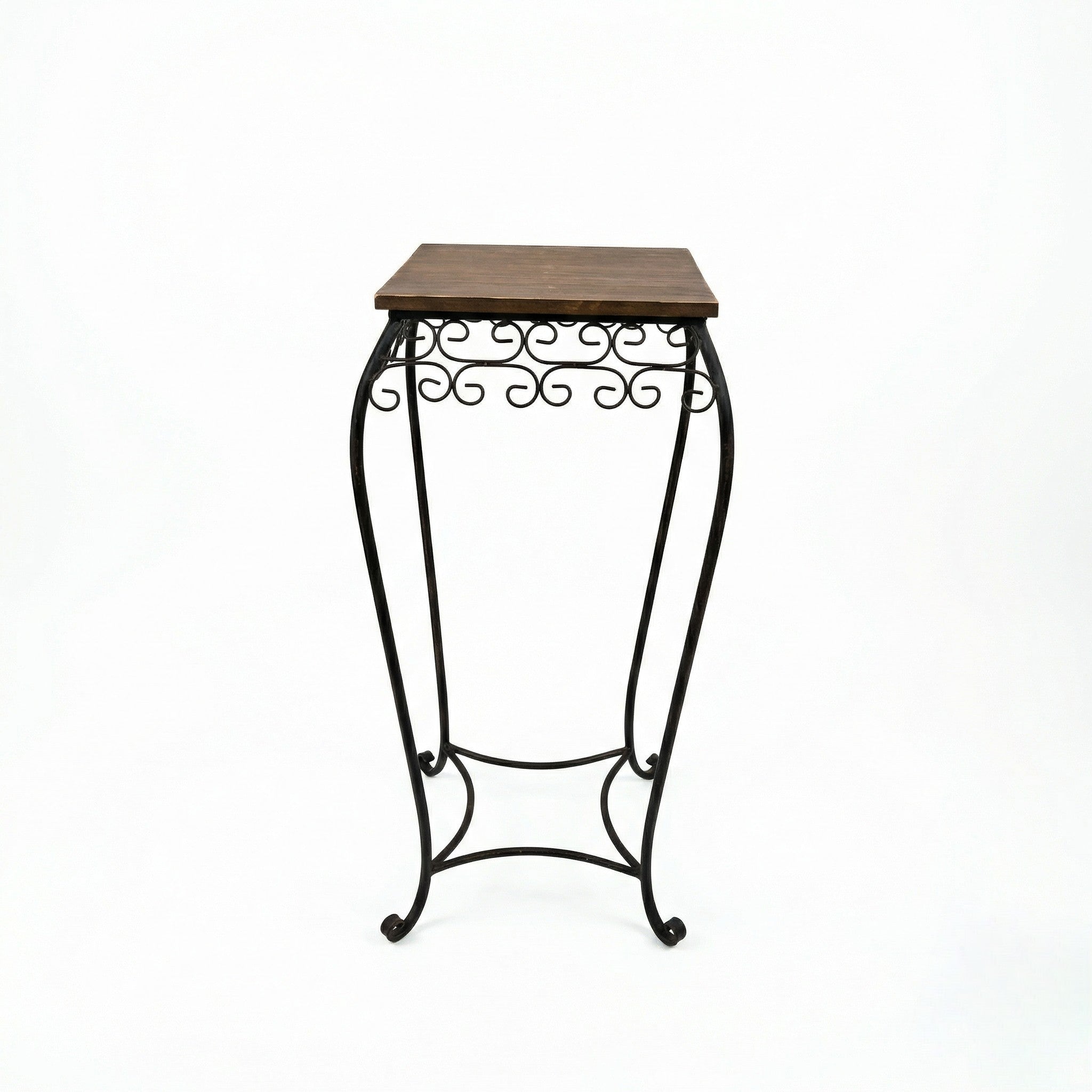 Small side table with wooden top and black metal stand on a white background